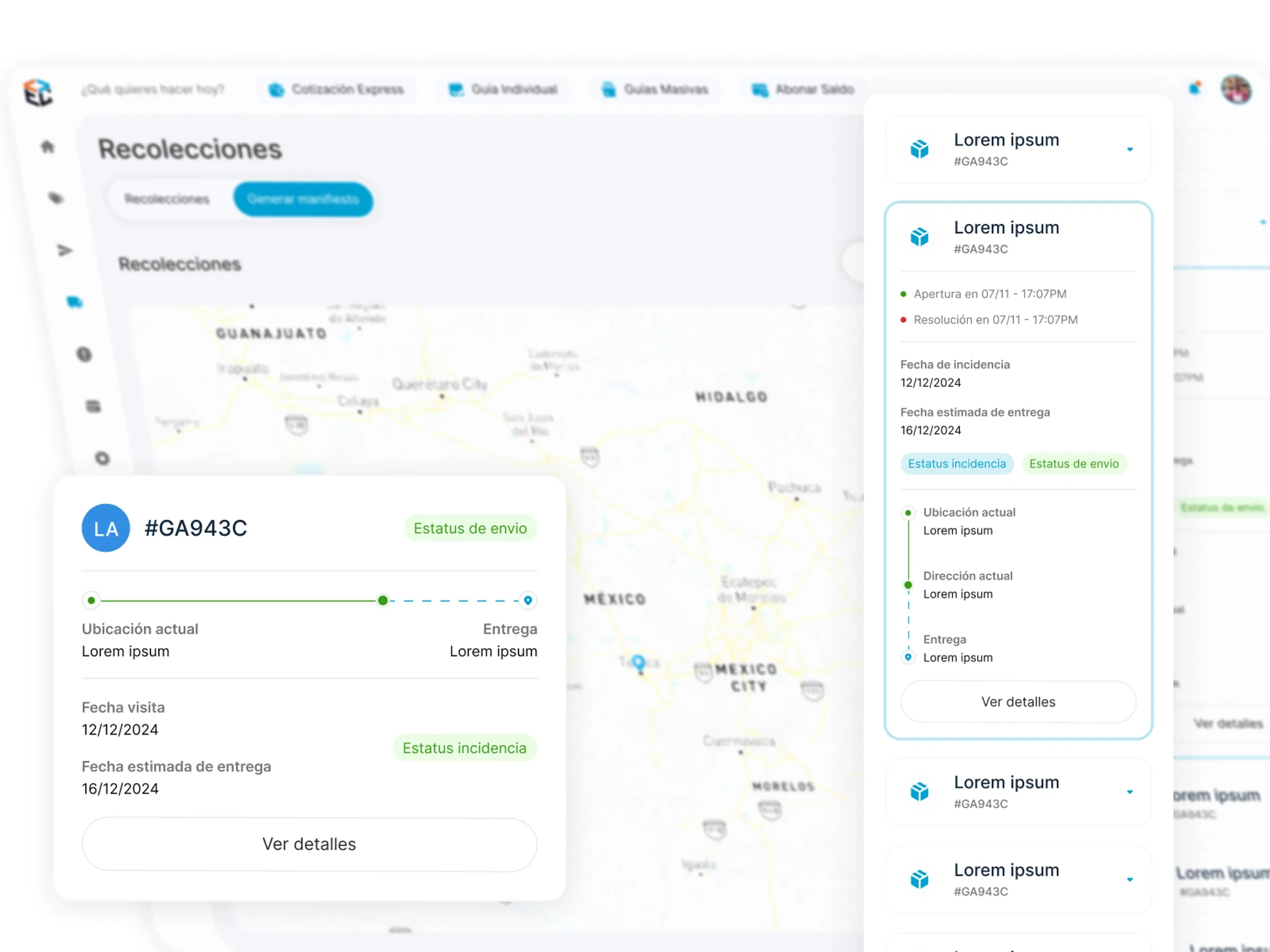 Envioclick pickups screen with a map