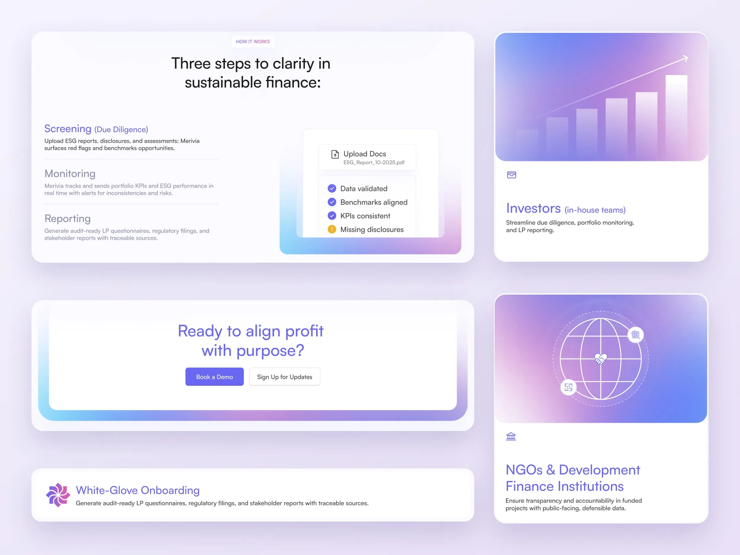 Close-ups of Merivia's workflow, call to action, onboarding and audience cards