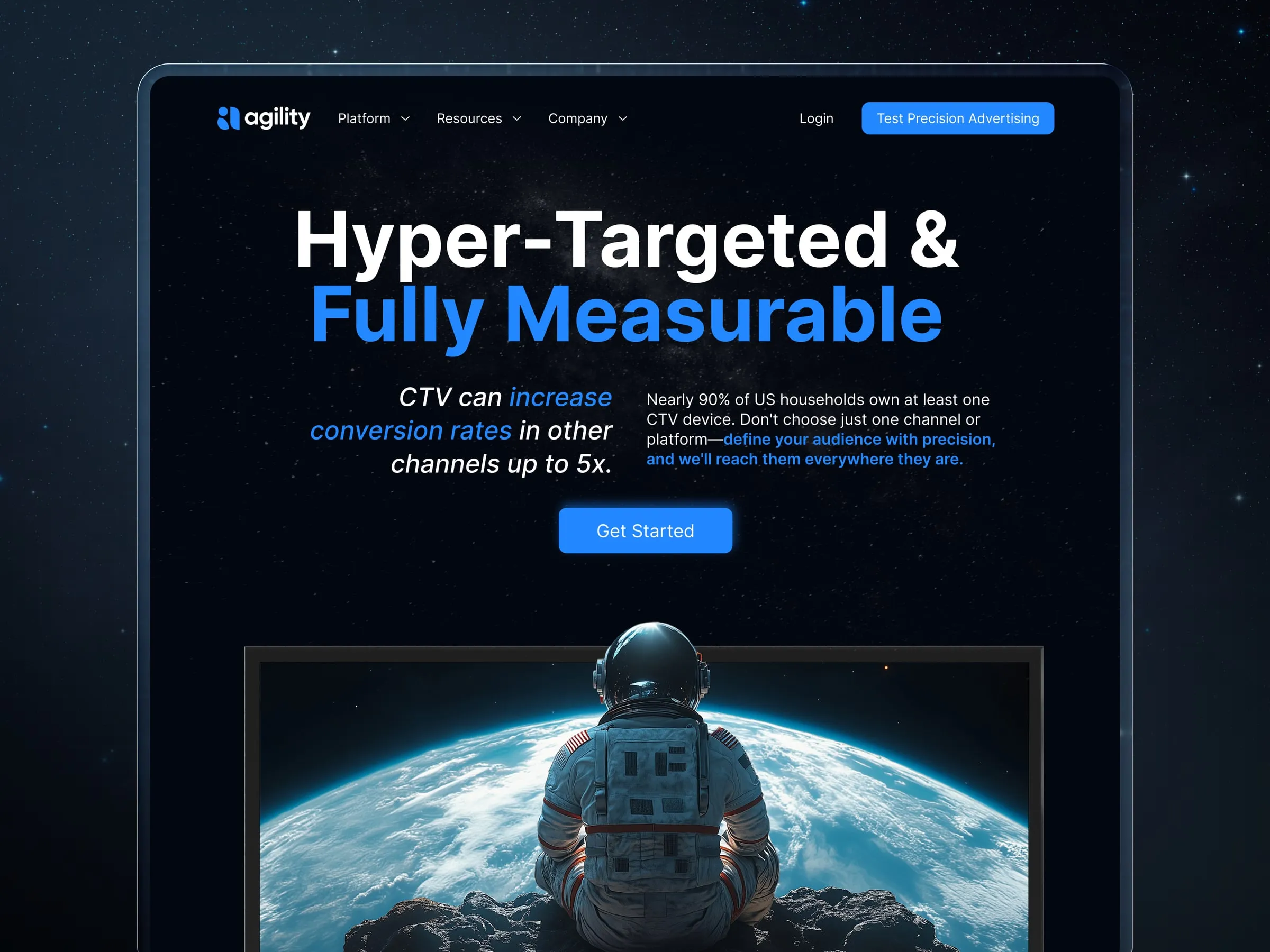 Agility CTV page hero, "Hyper-Targeted & Fully Measurable", with an astronaut over the Earth