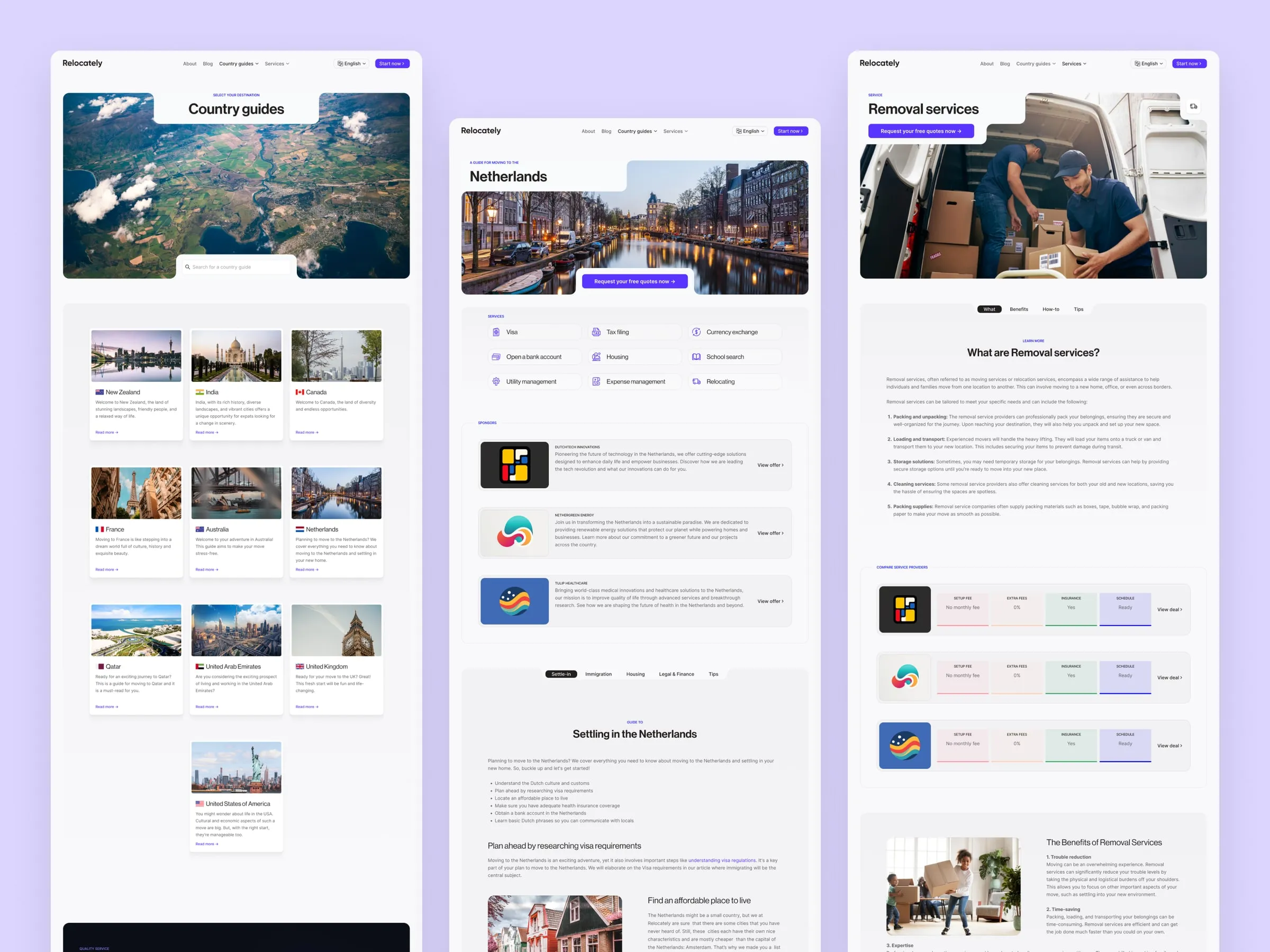 Relocately country guides page with destination cards