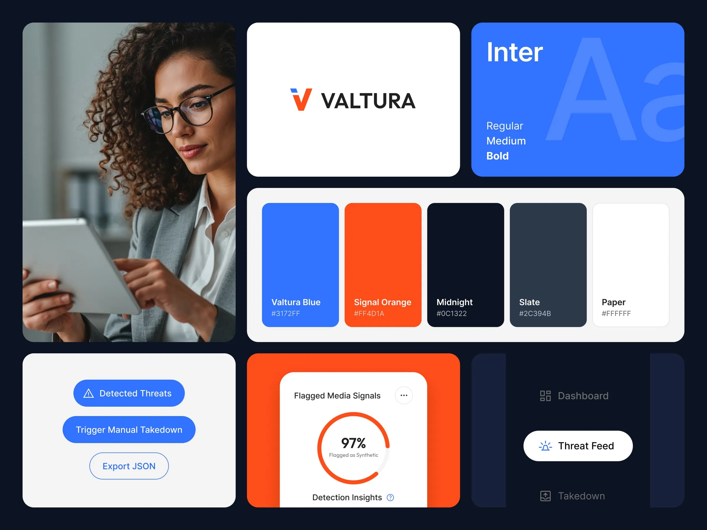 Valtura brand details, photography, logo, Inter type, colors and UI elements