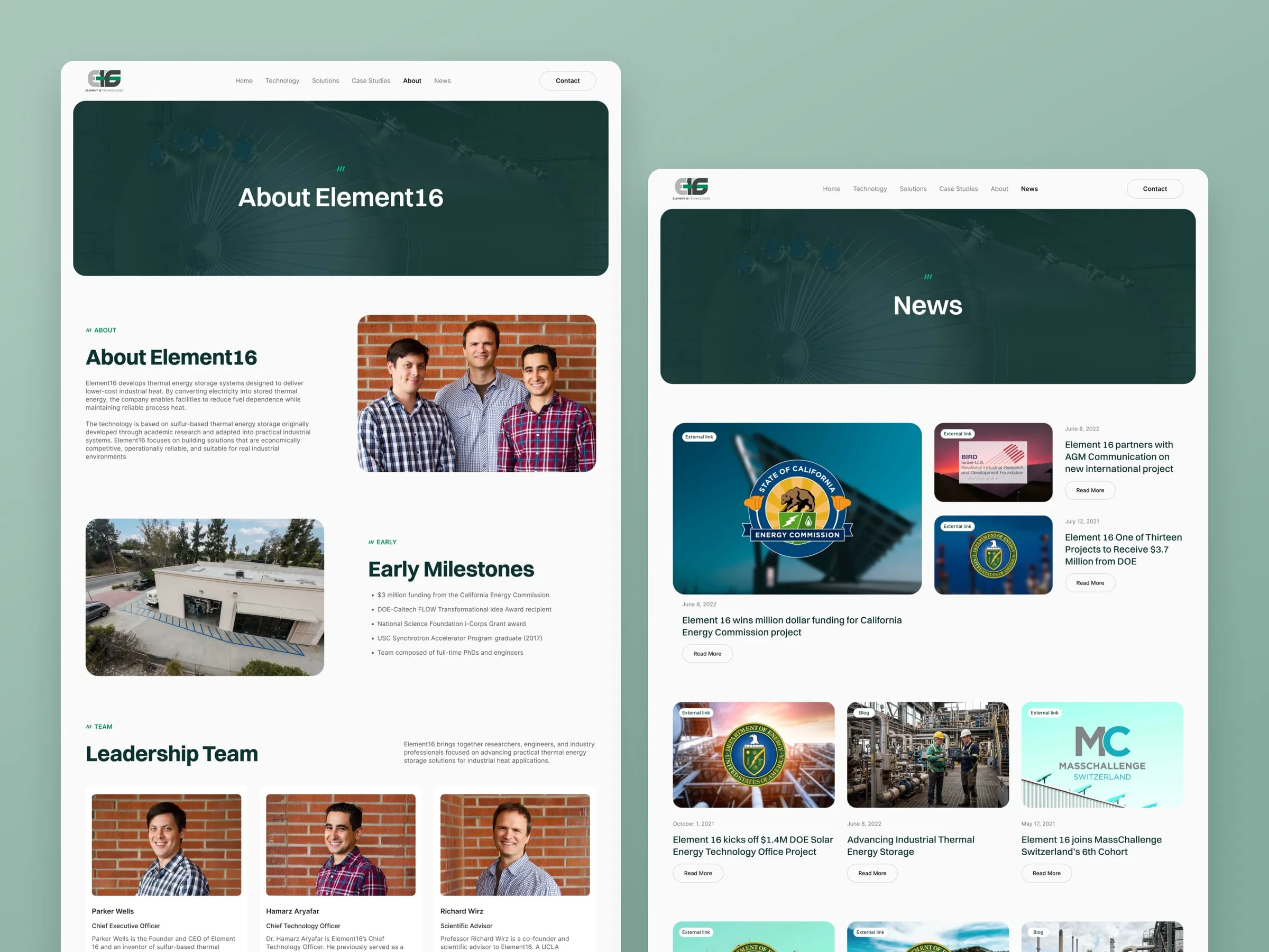 Element 16 about and news pages