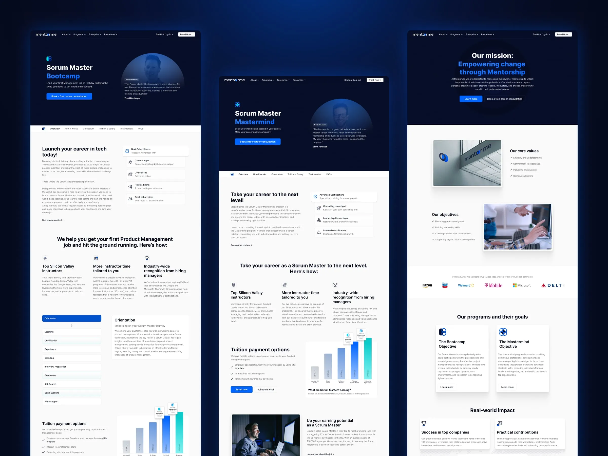 MentorMe Bootcamp, Mastermind and Our Mission pages