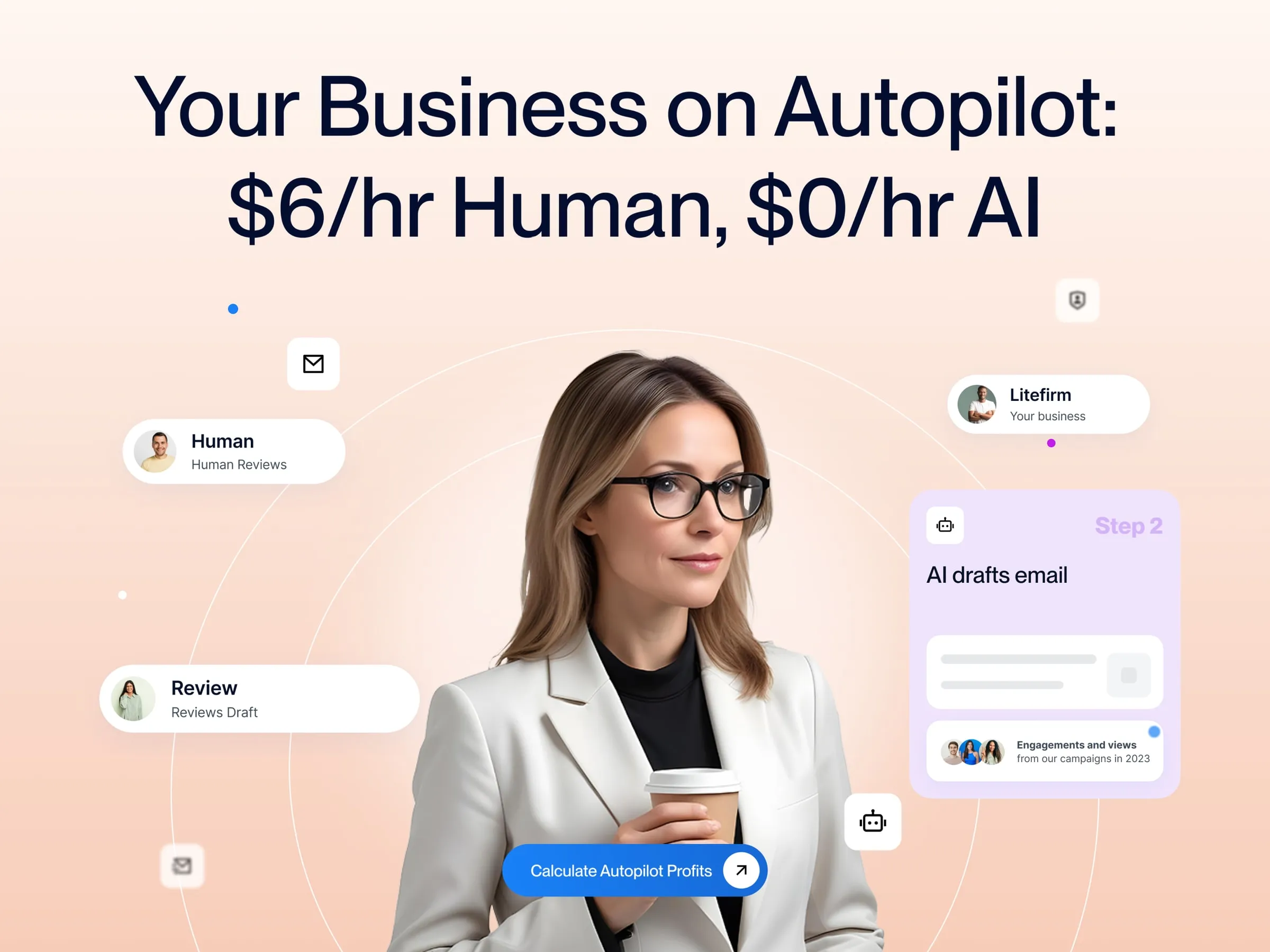 Litefirm hero artwork with a portrait surrounded by human review and AI draft cards