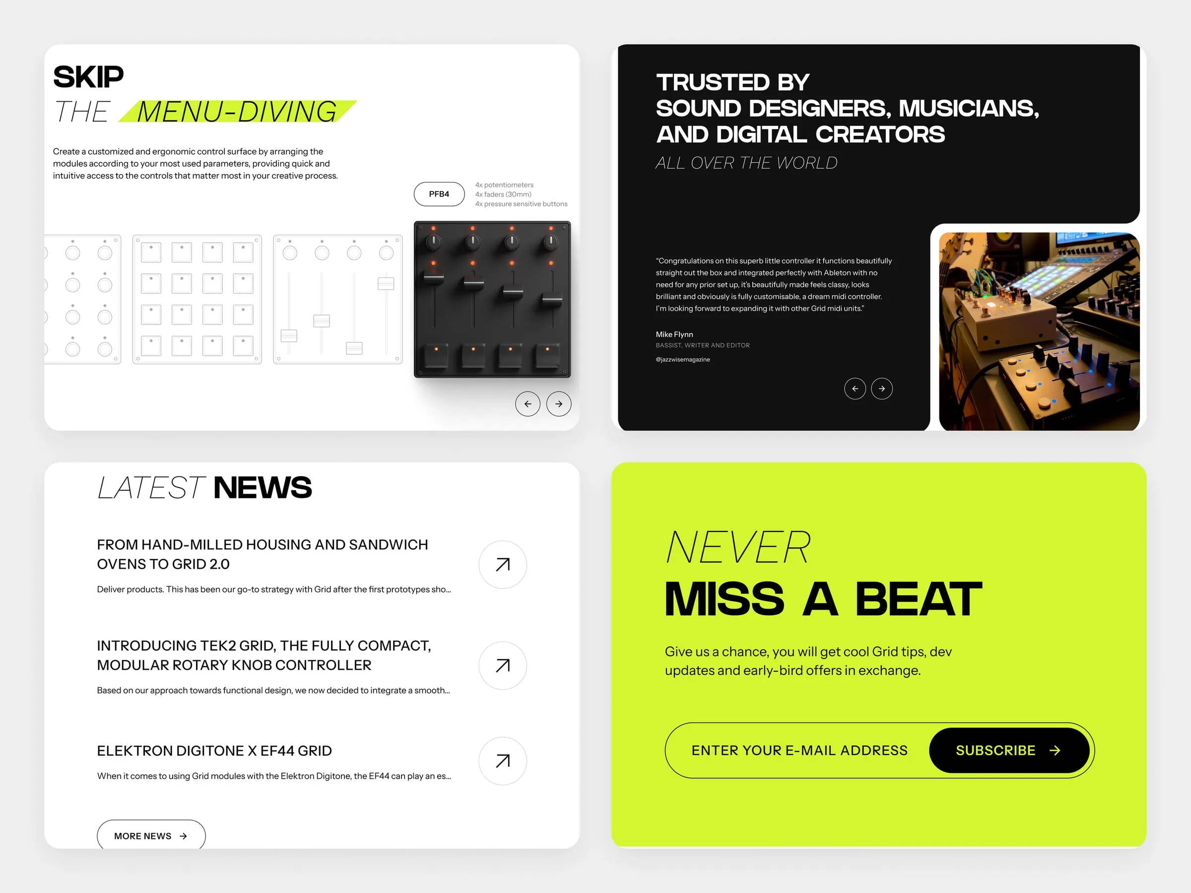 Close-ups of VSN1 landing page sections