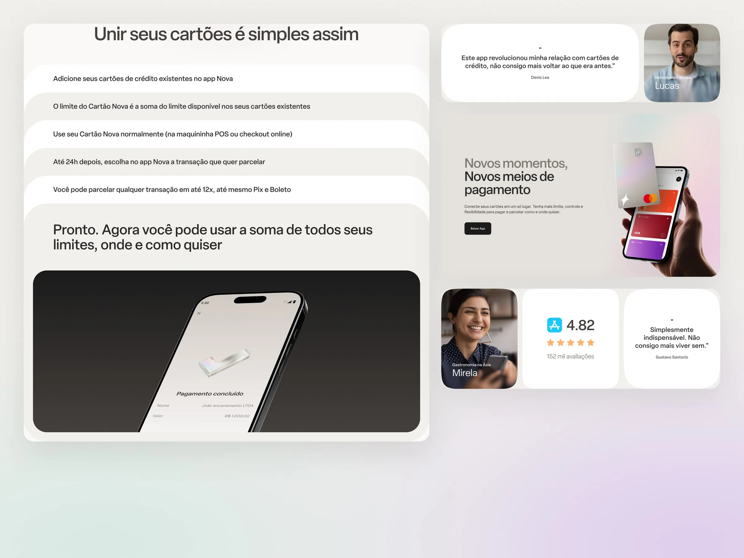 Close-ups of Nova homepage sections