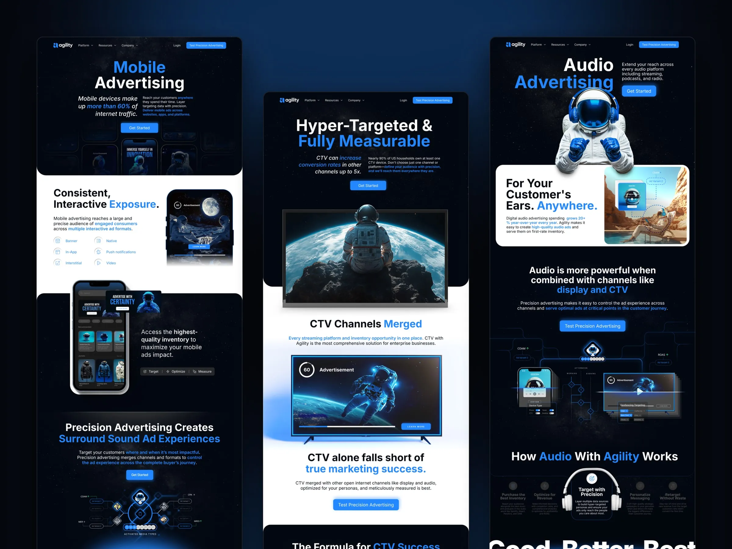 Agility mobile, CTV and audio solution pages