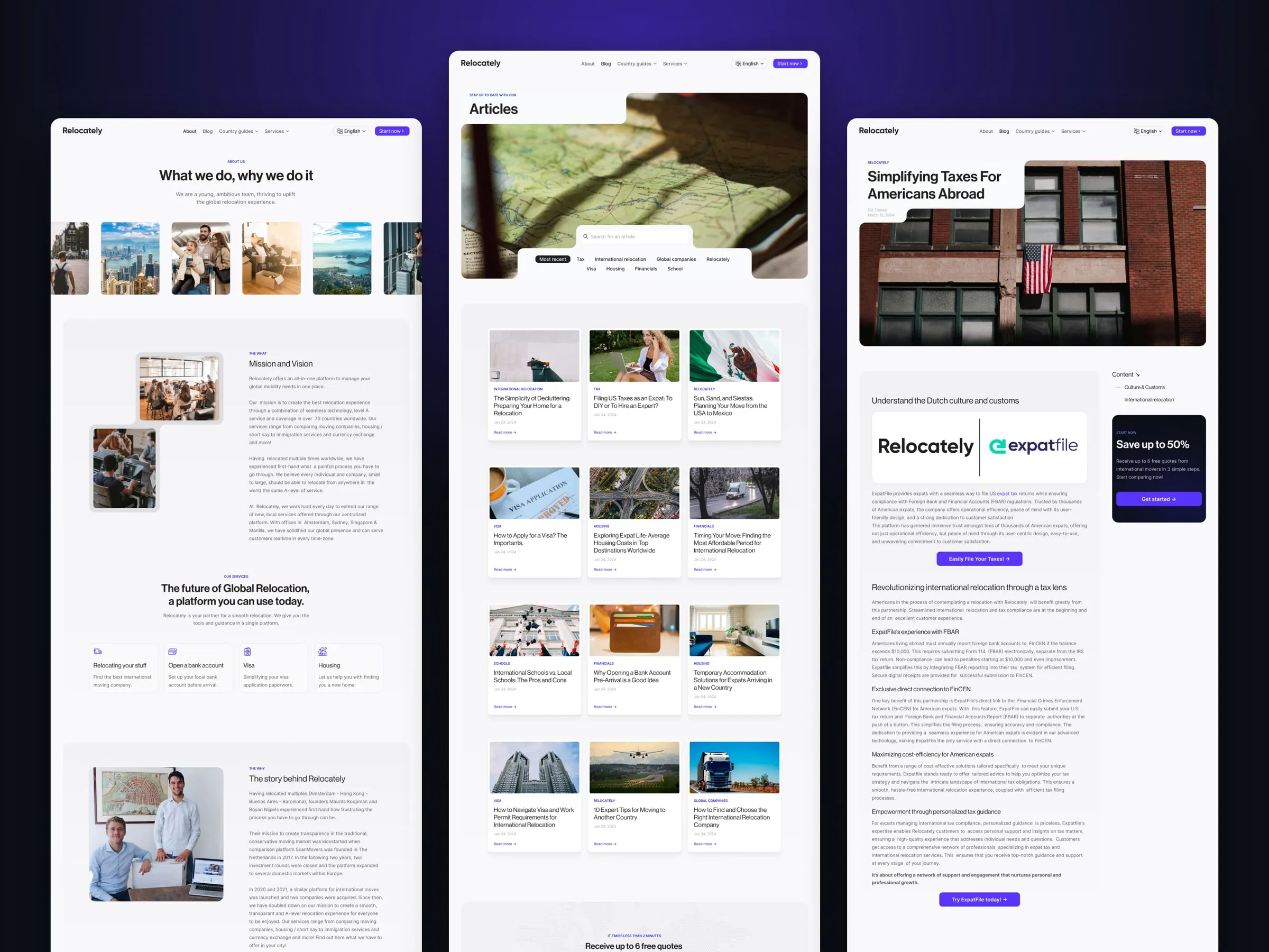 Relocately about, blog and article pages