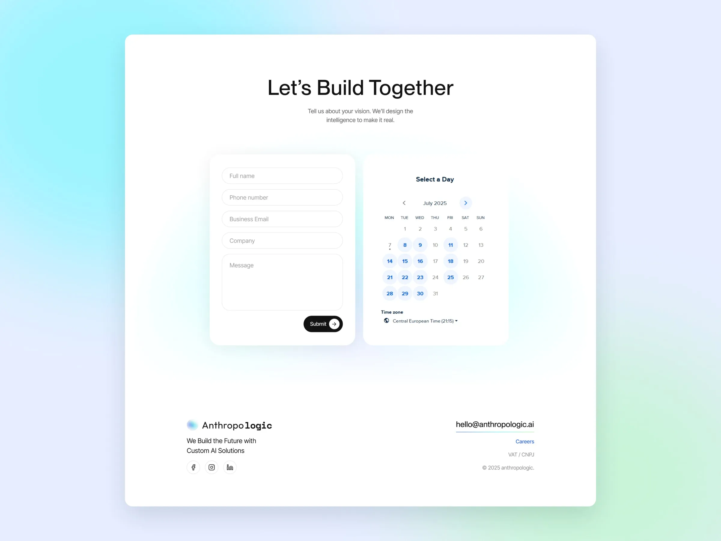 Anthropologic contact section with a call booking calendar, and the footer