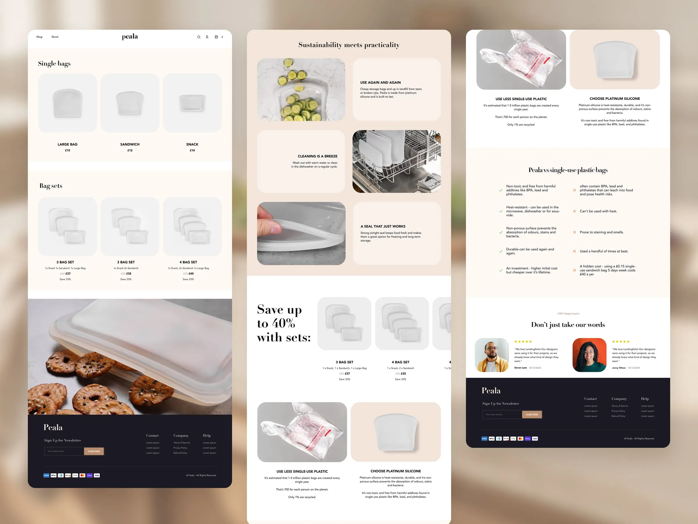 Peala shop page and homepage sections