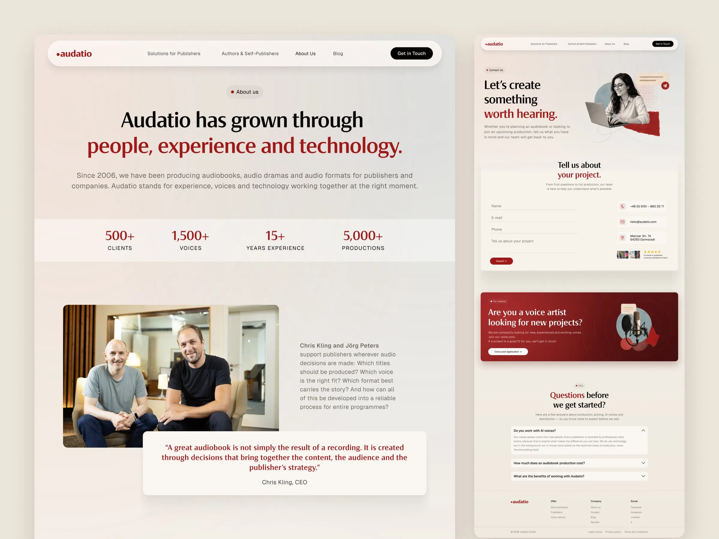 Audatio about and contact pages