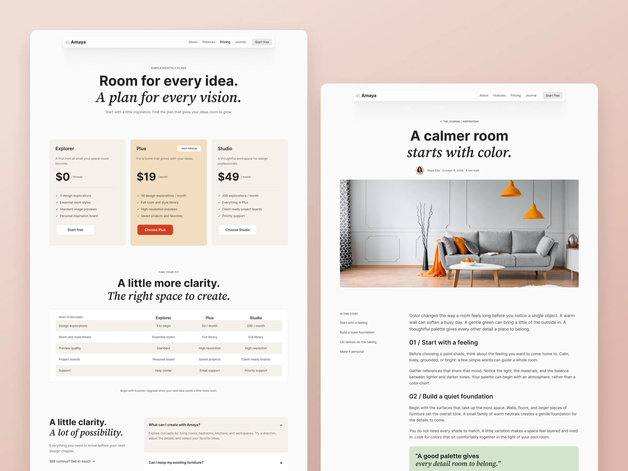 Amaya pricing and journal pages
