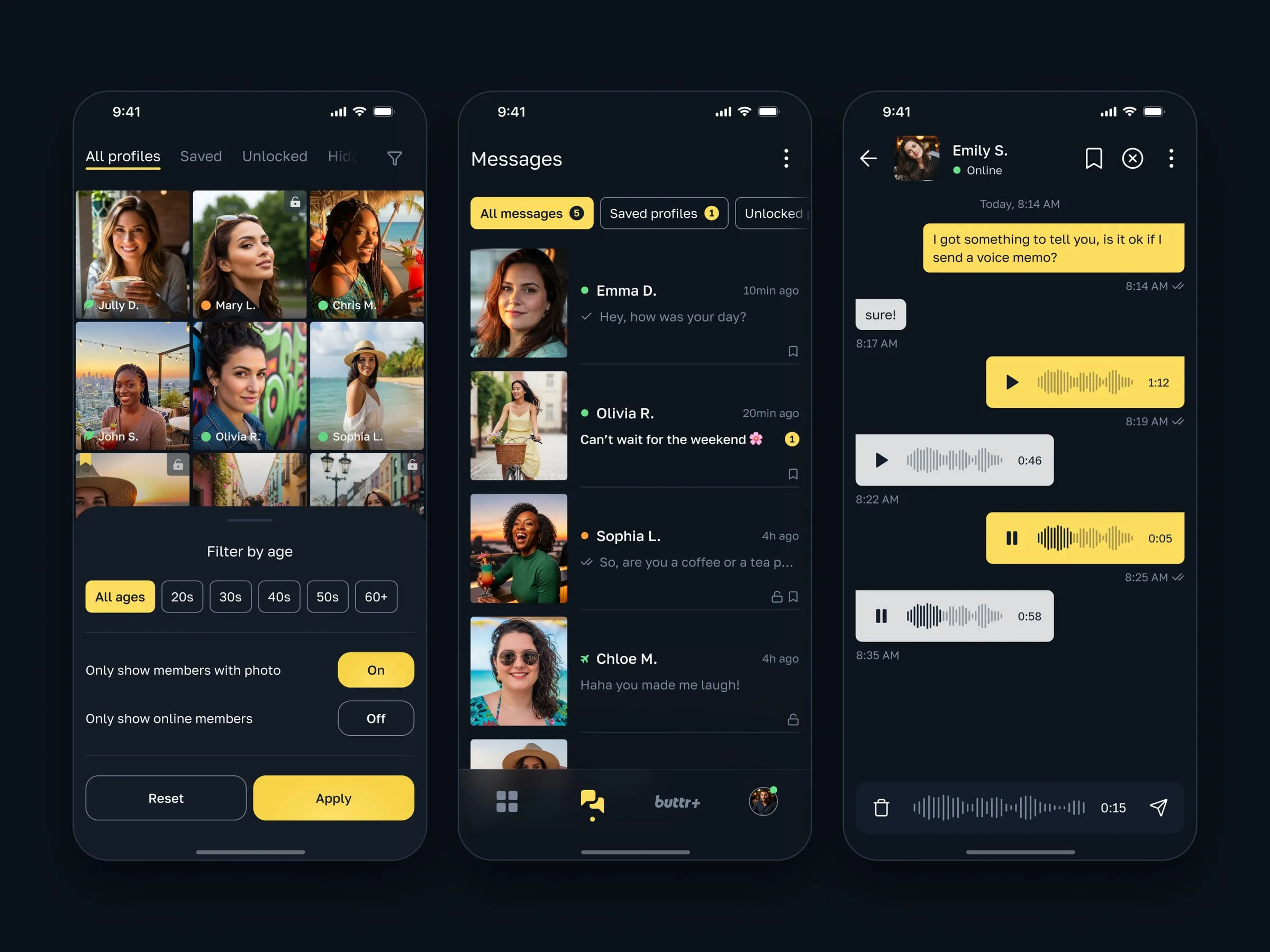 Buttr Discovery Grid, profiles and messaging screens