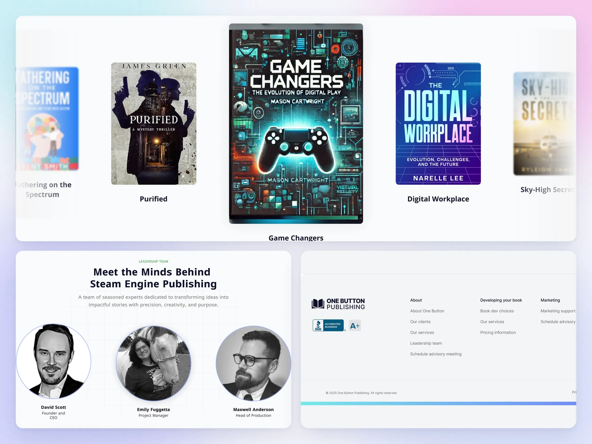 One Button Publishing published works, team and footer sections