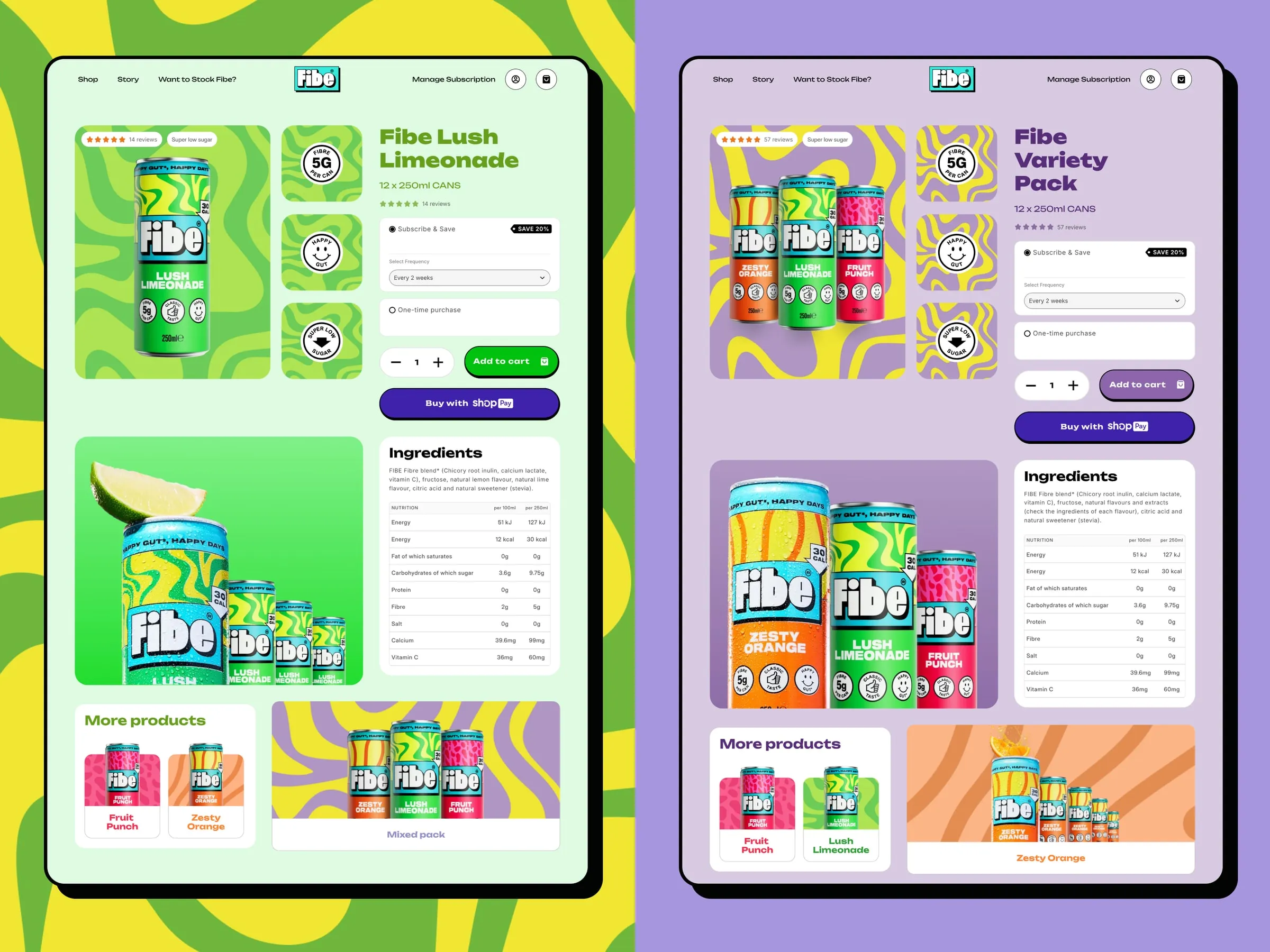 Fibe Lush Limeonade and mixed pack product pages