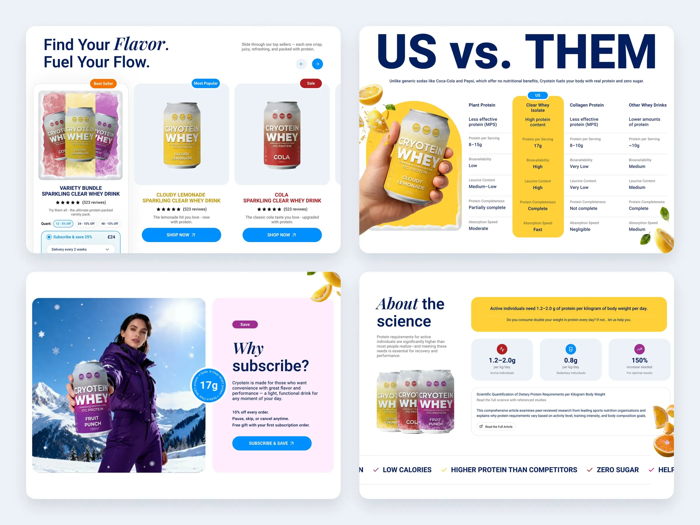 Close-ups of Cryotein homepage sections