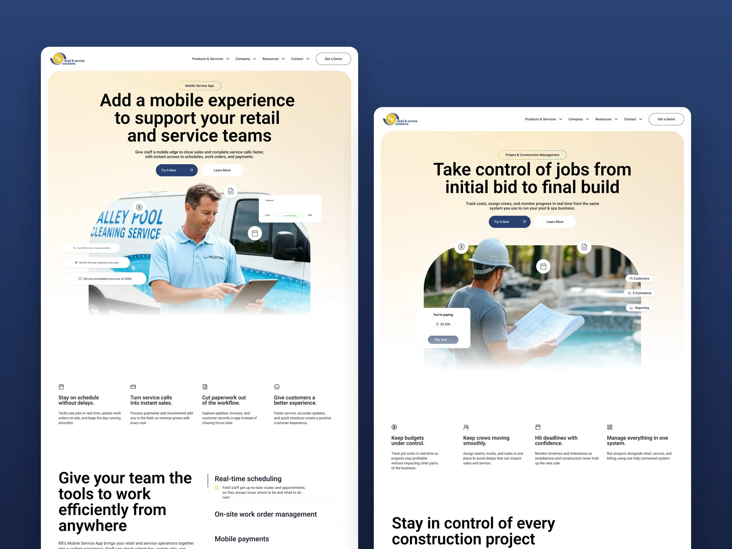 RB Pool & Spa mobile service app and project management pages