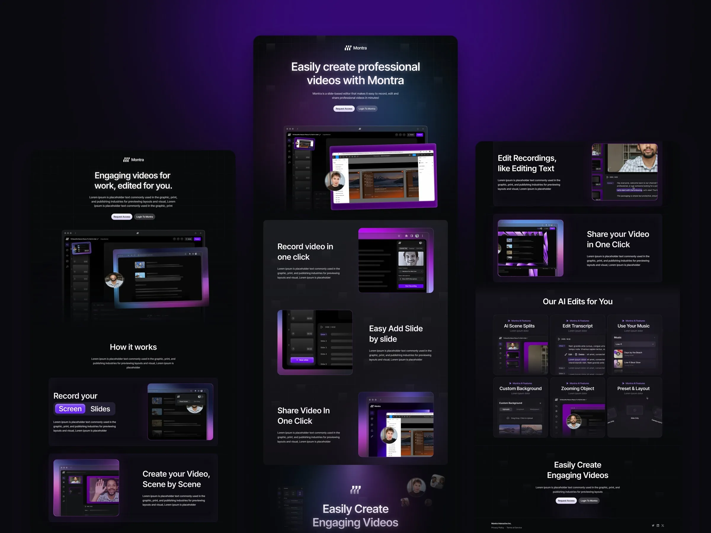 Montra dark launch pages with the violet glow and grid hero