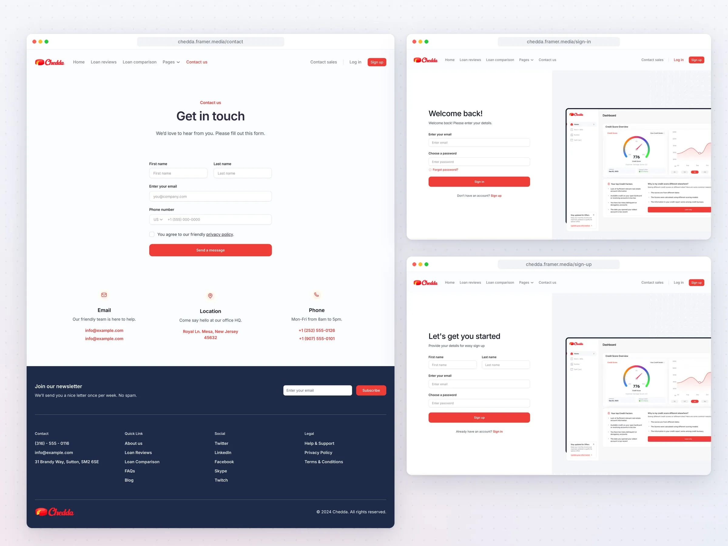 Chedda contact, sign-in and sign-up pages