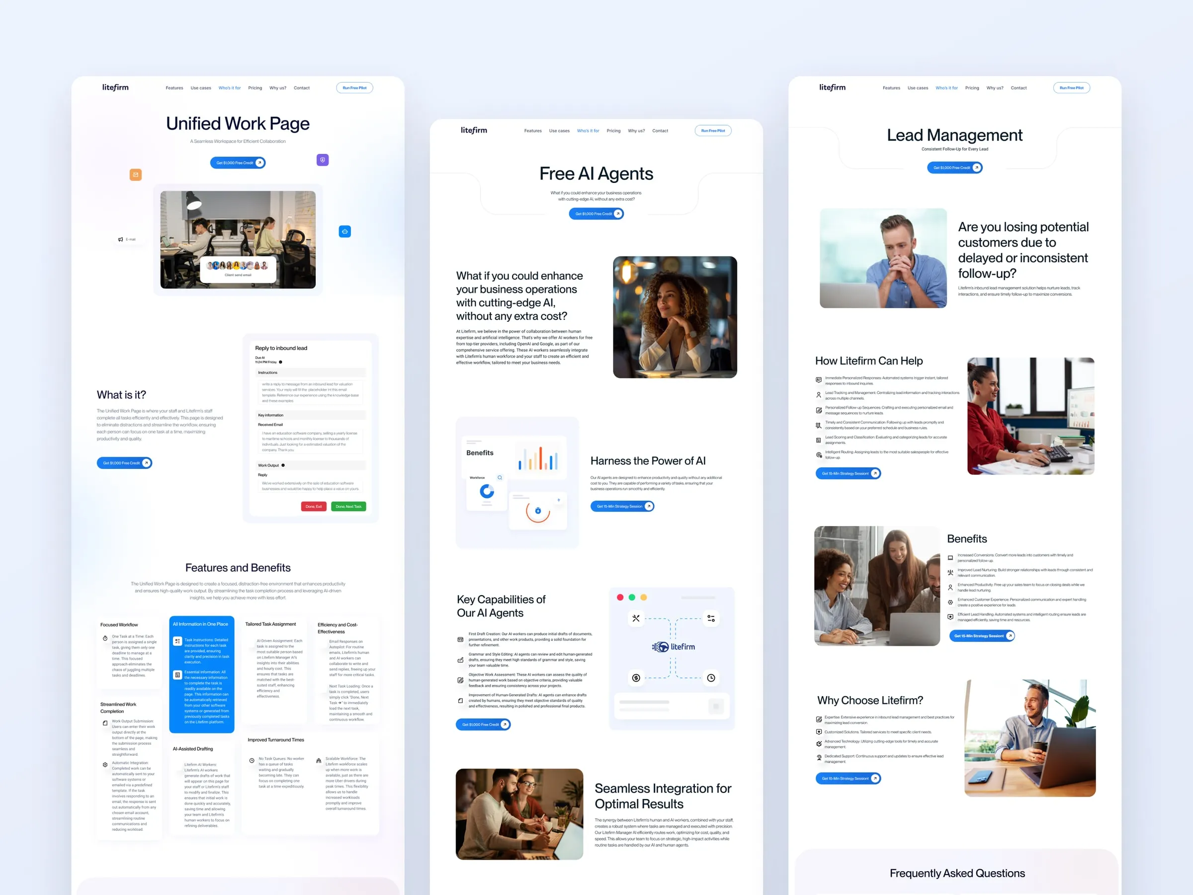 Litefirm unified work, free AI agents and lead management pages