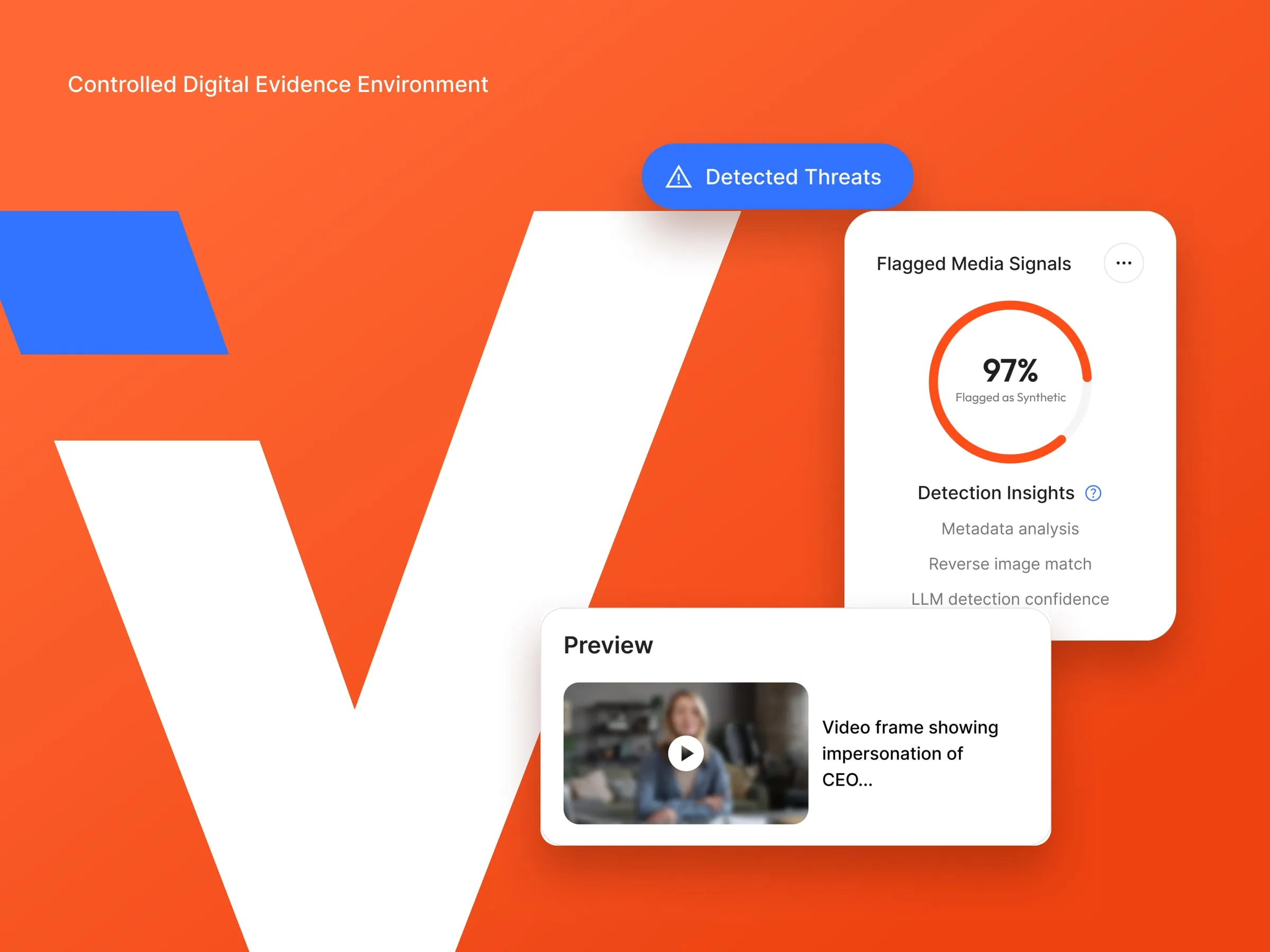 Valtura V mark on Signal Orange with flagged media and preview cards