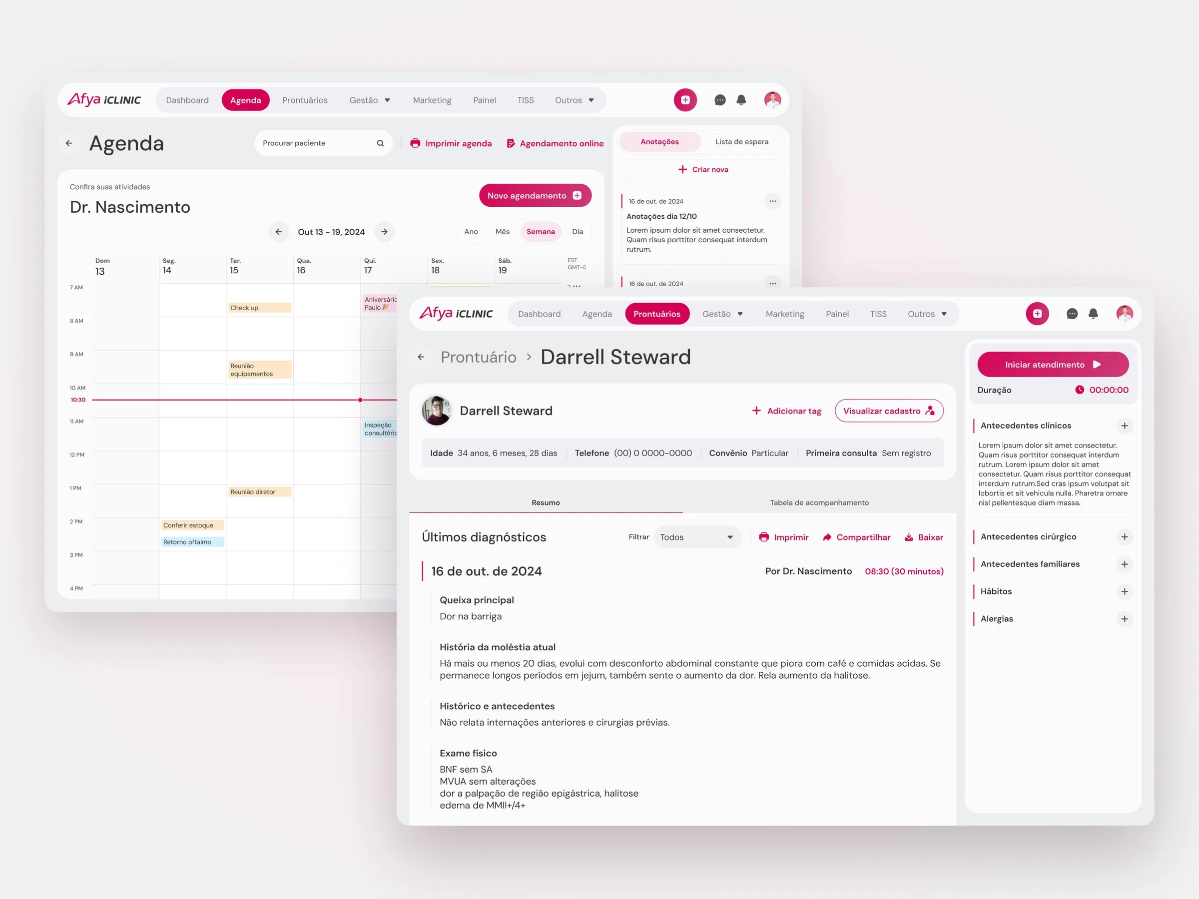 Afya iClinic agenda and records screens