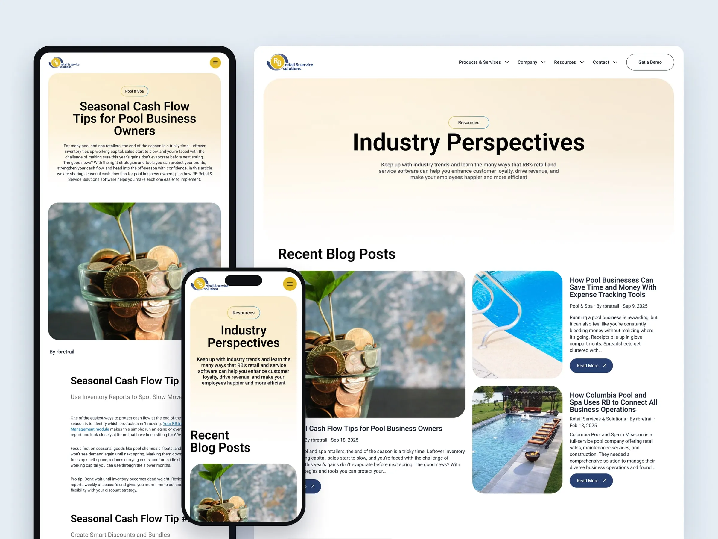 RB Pool & Spa blog and article pages on desktop and mobile