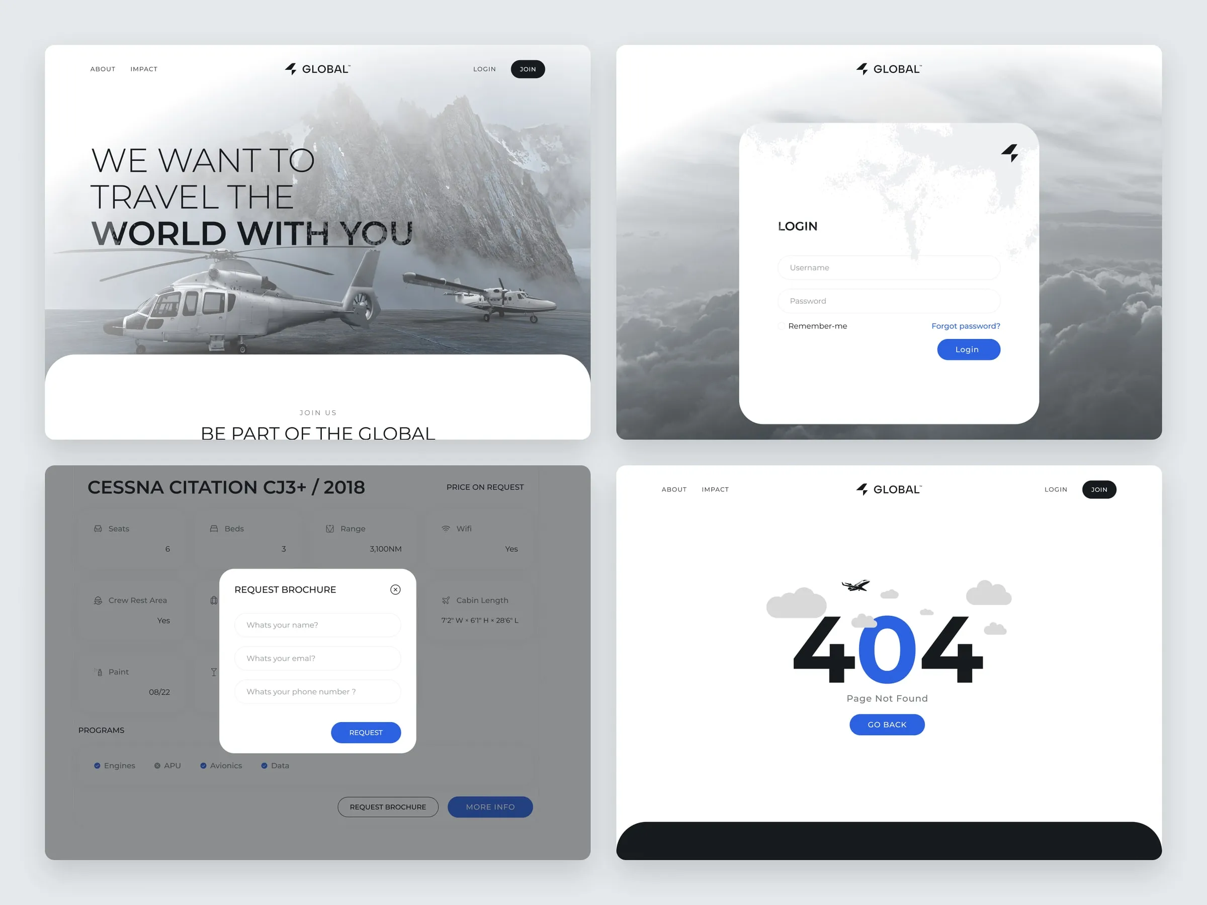Global join, login, brochure request and 404 pages