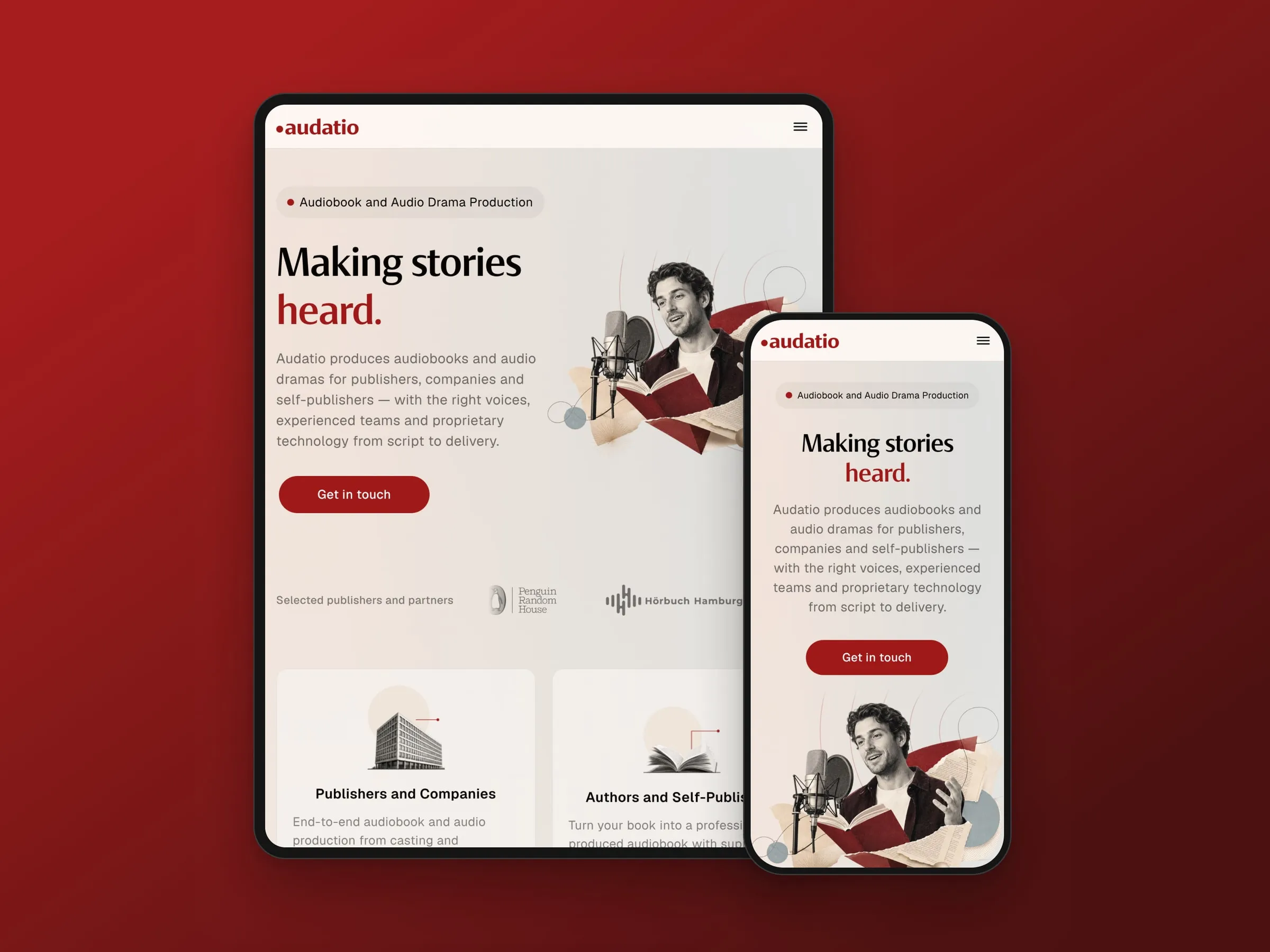 Audatio home page on tablet and mobile