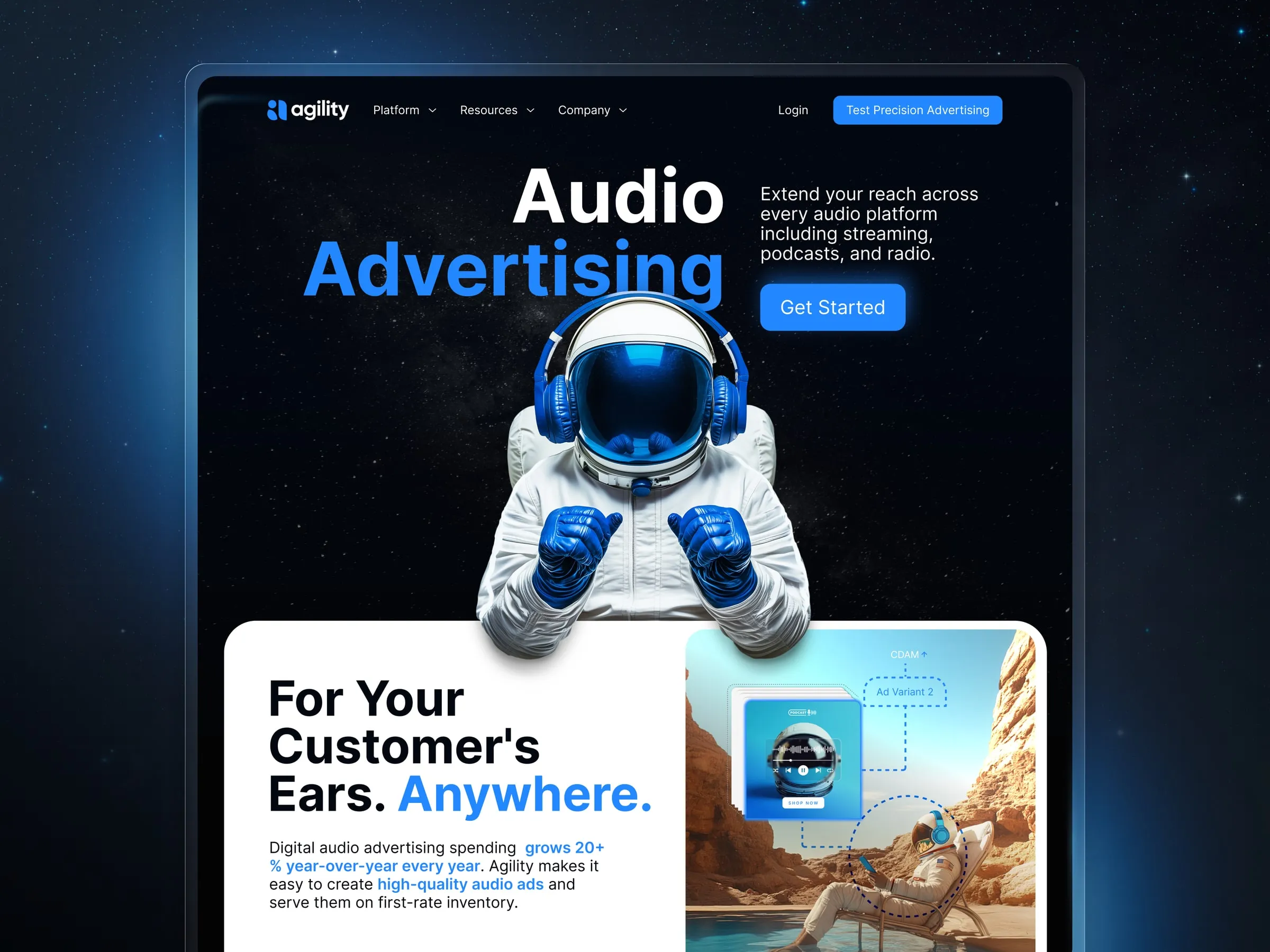 Agility audio advertising page hero with an astronaut wearing headphones