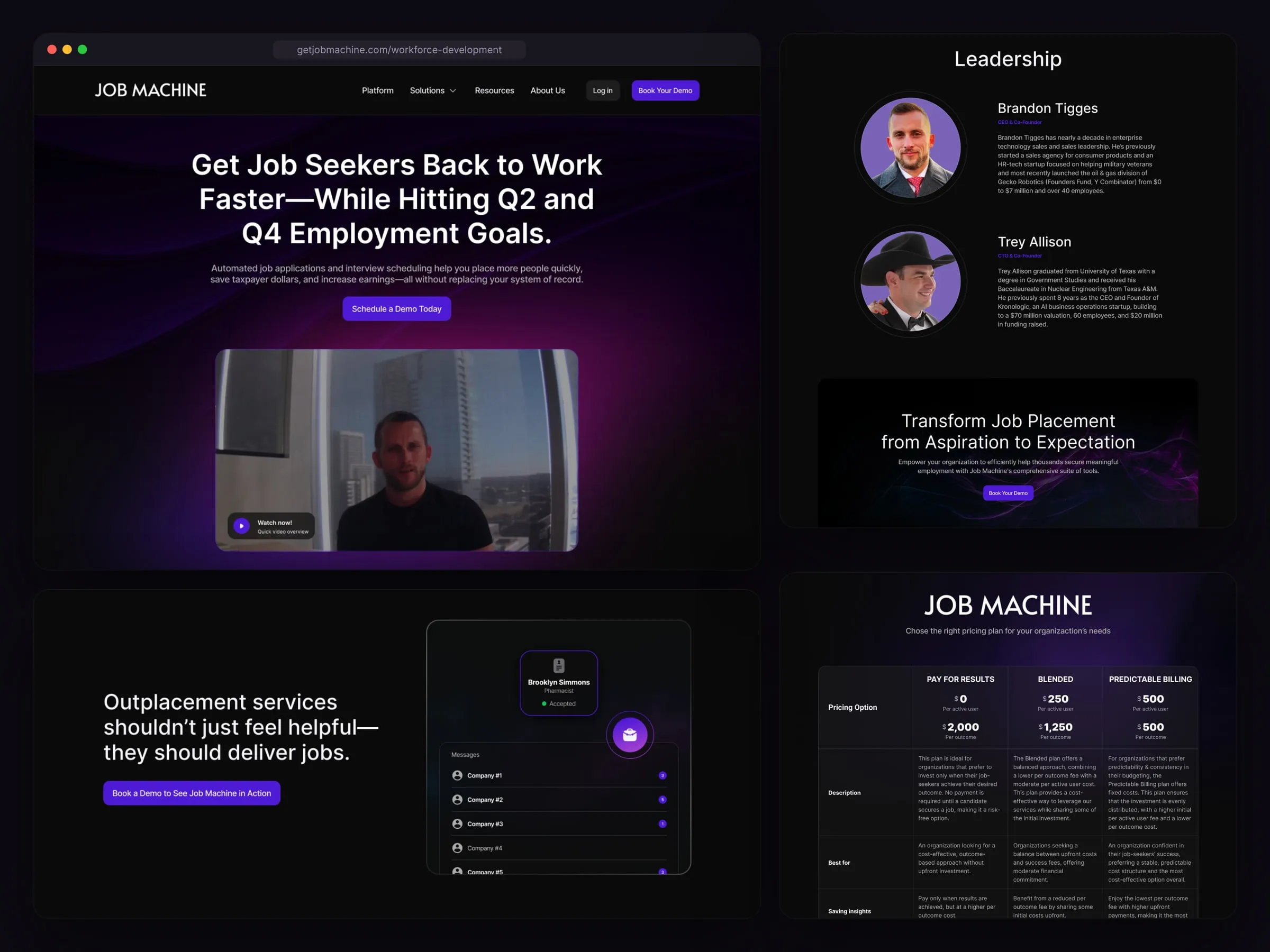 Job Machine workforce, outplacement, about and pricing pages
