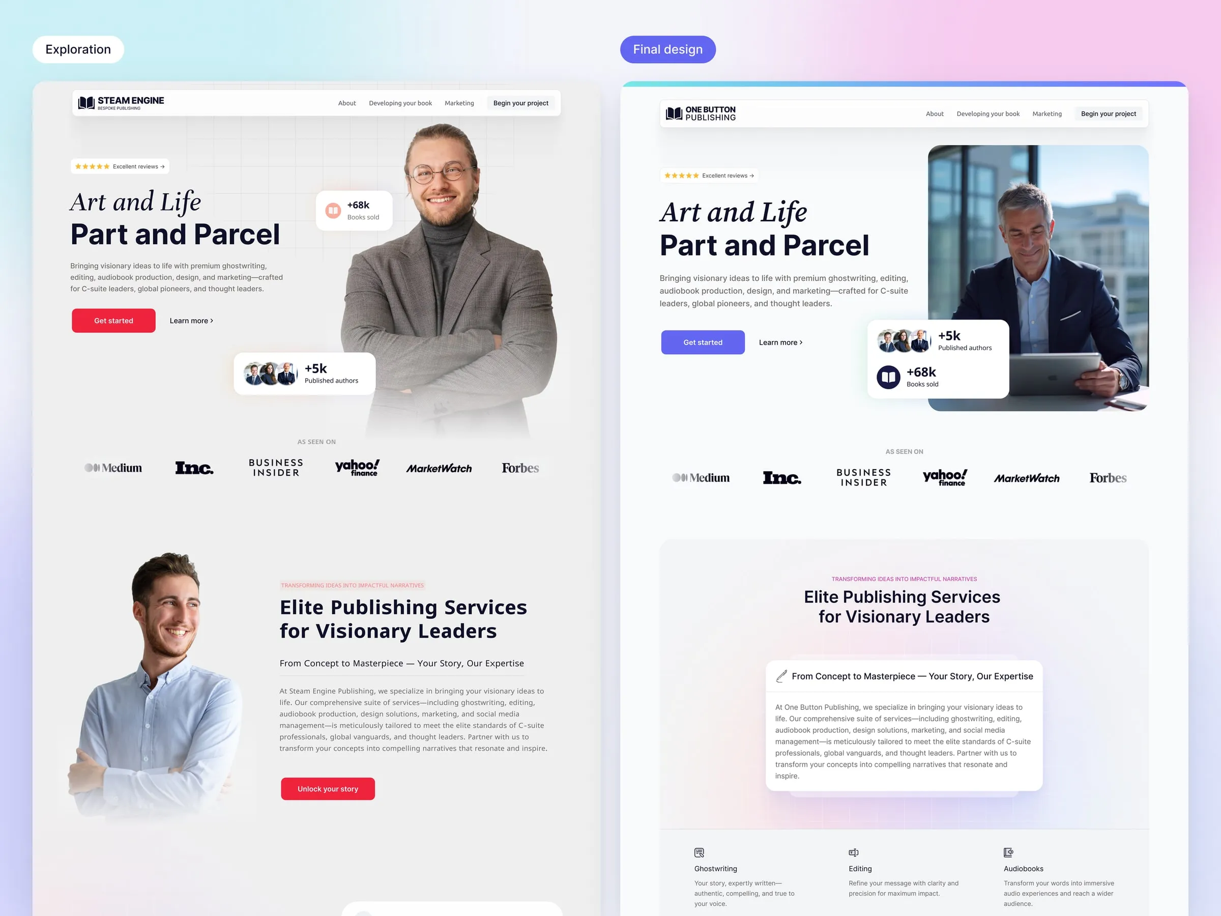 One Button Publishing exploration next to the final design