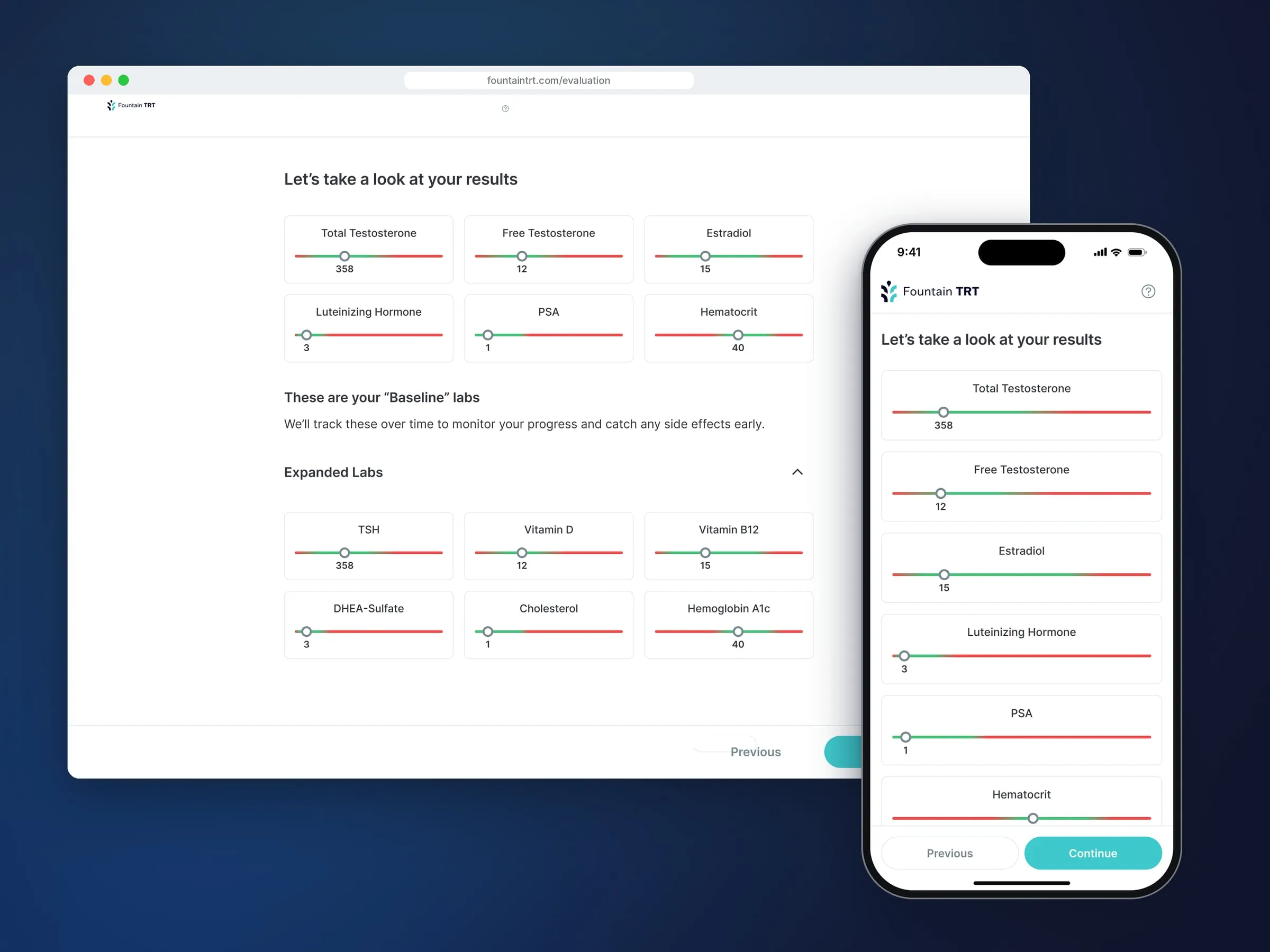 FountainTRT screens on desktop and mobile