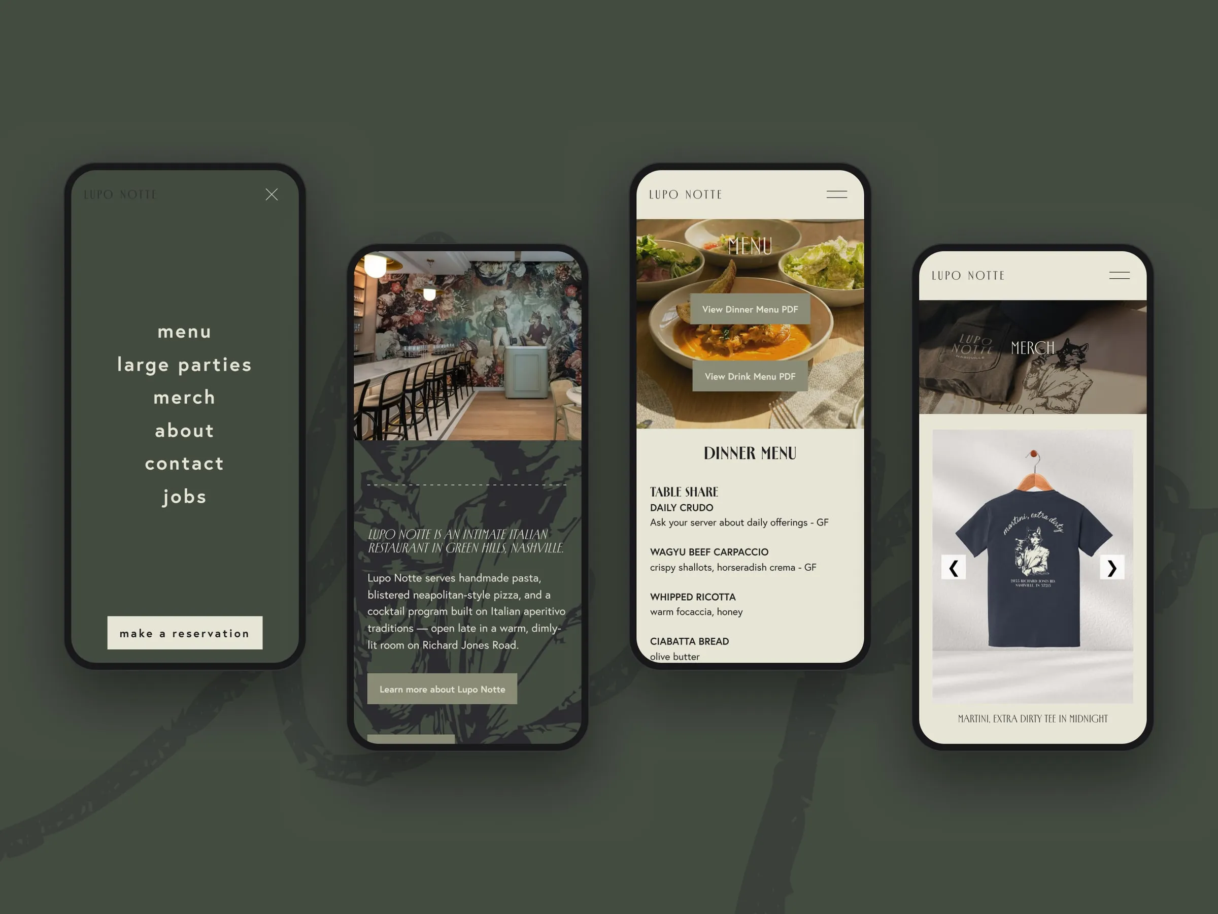Lupo Notte menu, about and merch pages on mobile