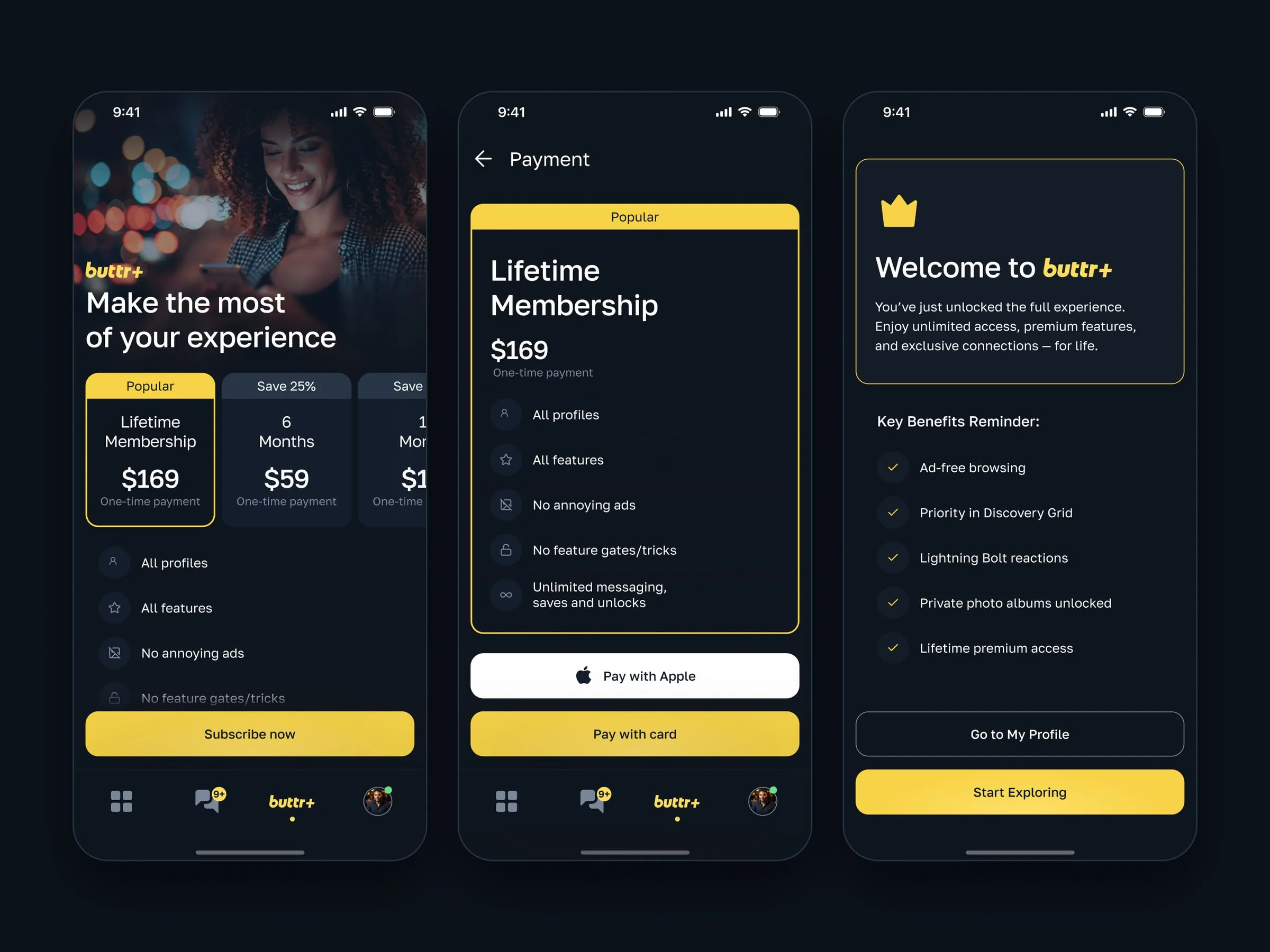 Buttr Lifetime Membership upgrade screens