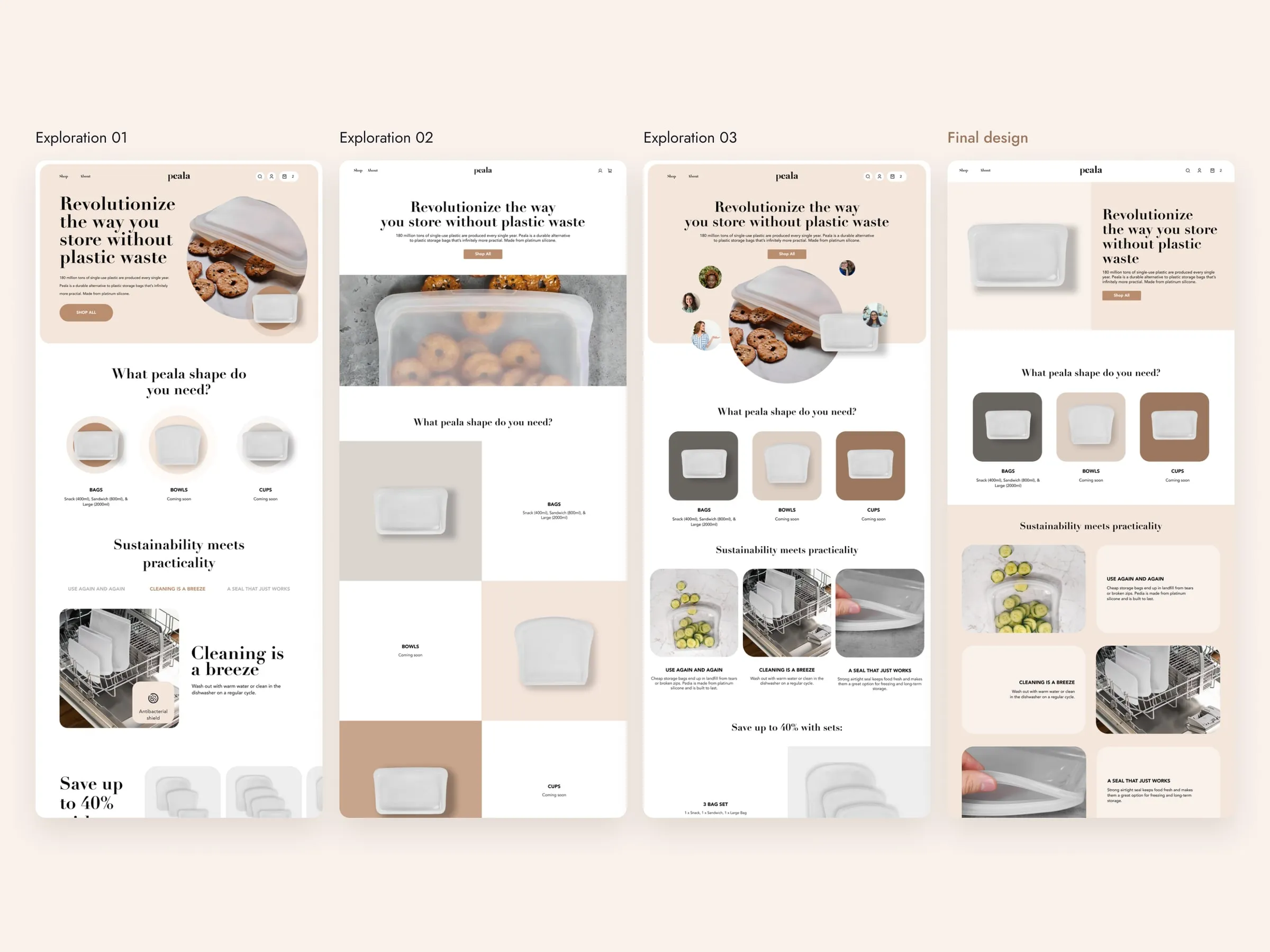 Three Peala homepage explorations next to the final design