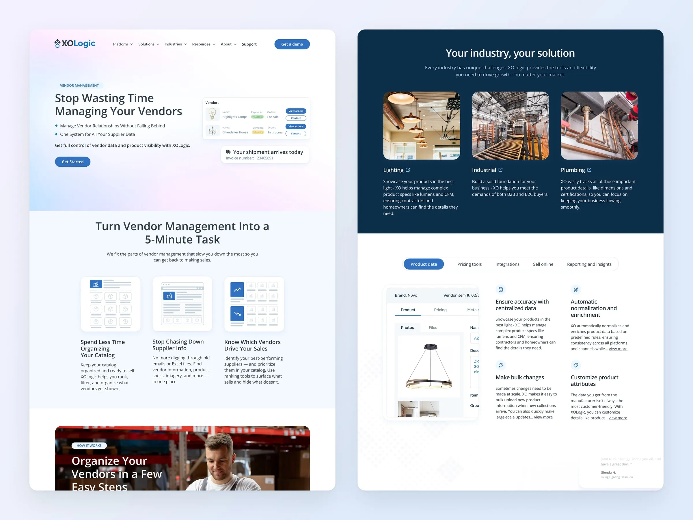 XOLogic vendor management page and homepage sections