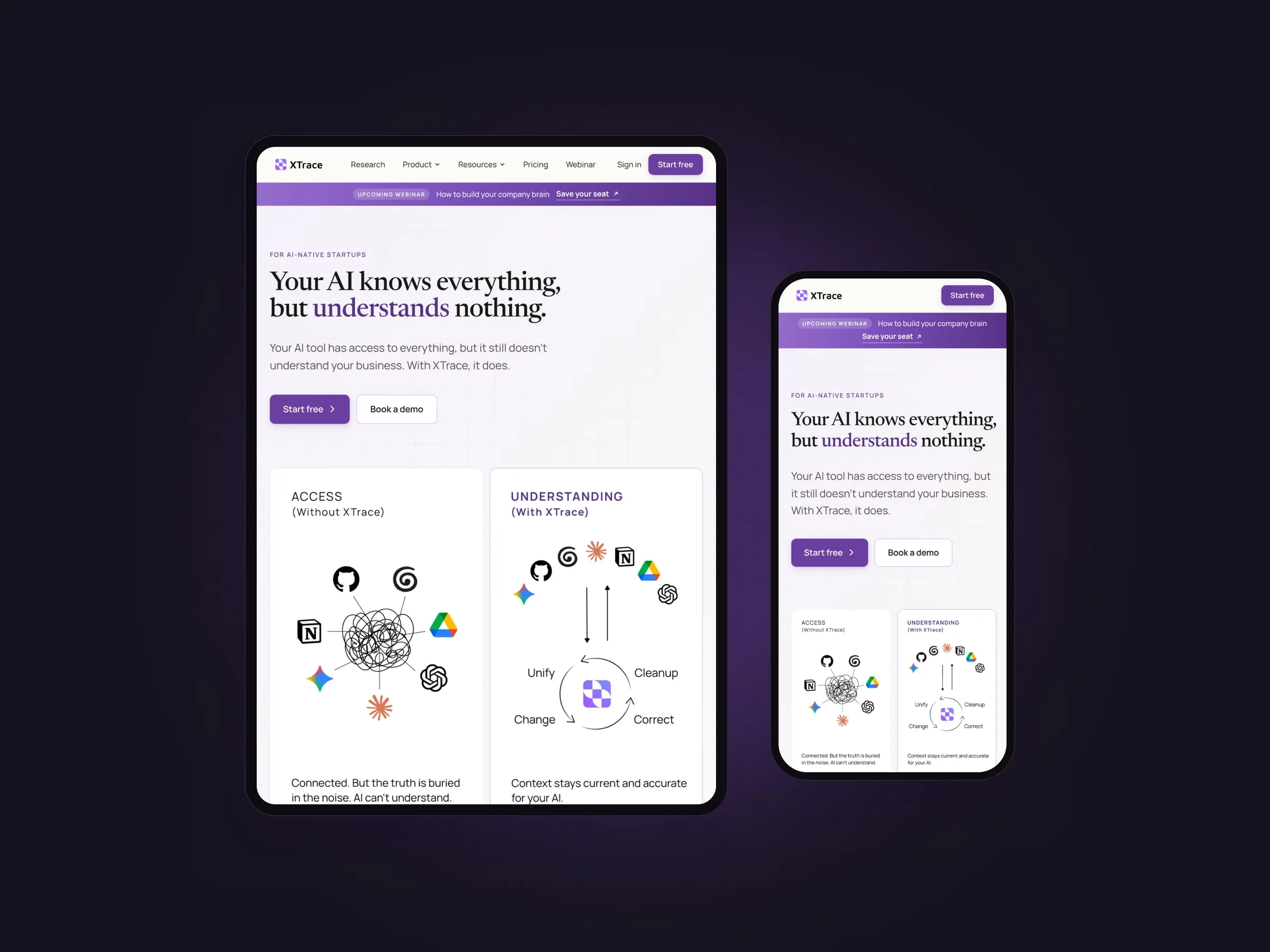 XTrace home page on tablet and mobile