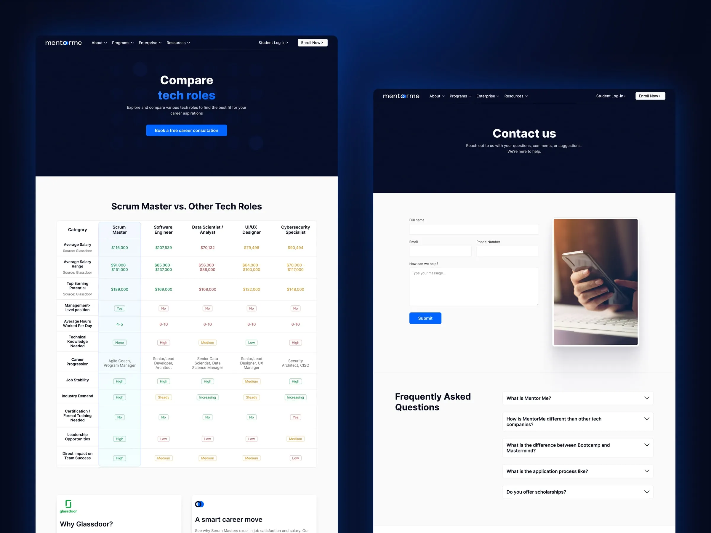 MentorMe Compare Tech Roles and Contact pages