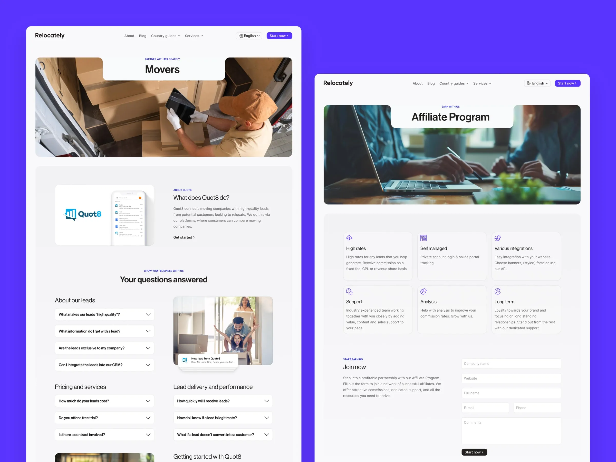 Relocately movers and affiliate program pages