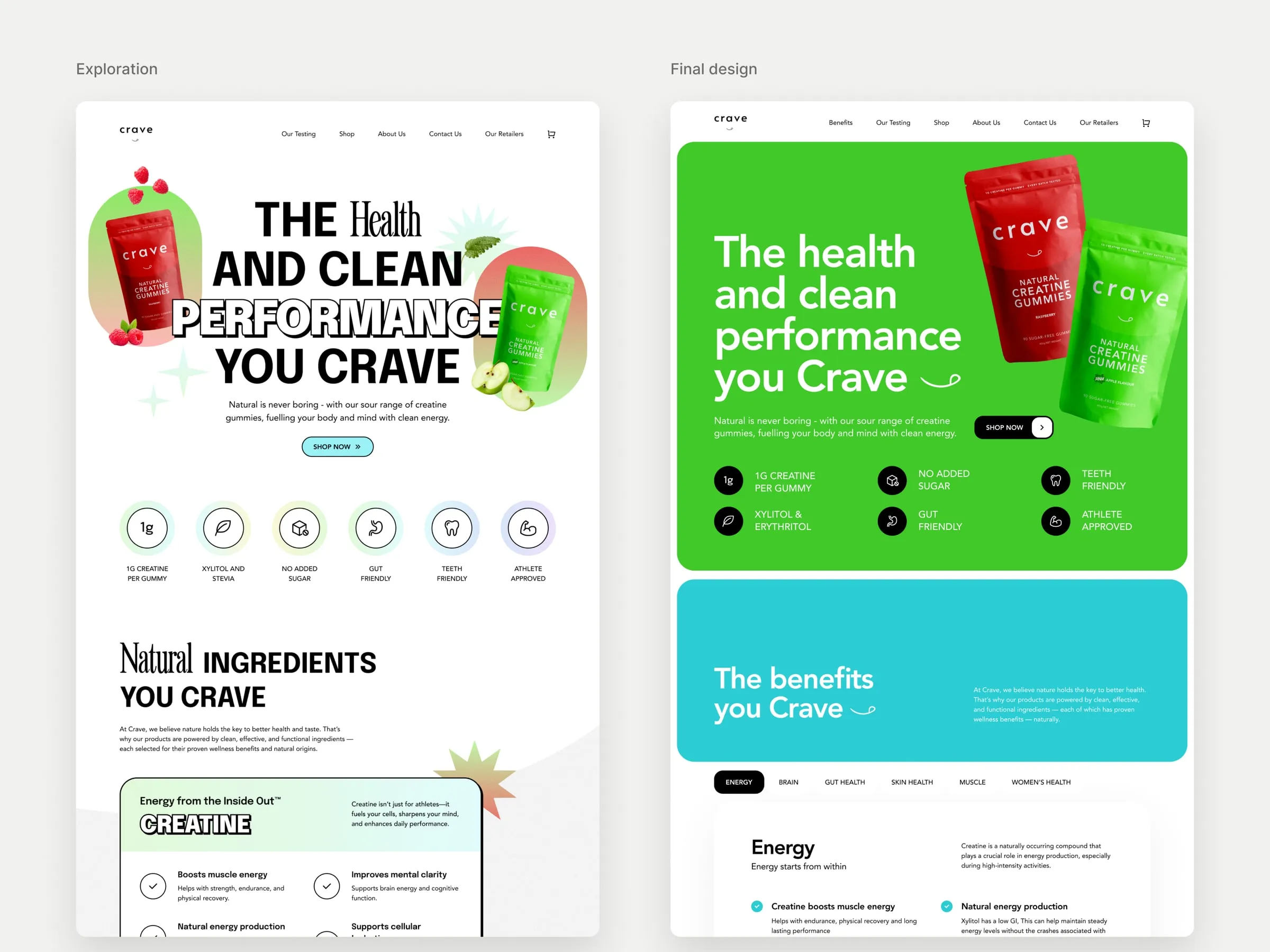 Crave homepage exploration next to the final design