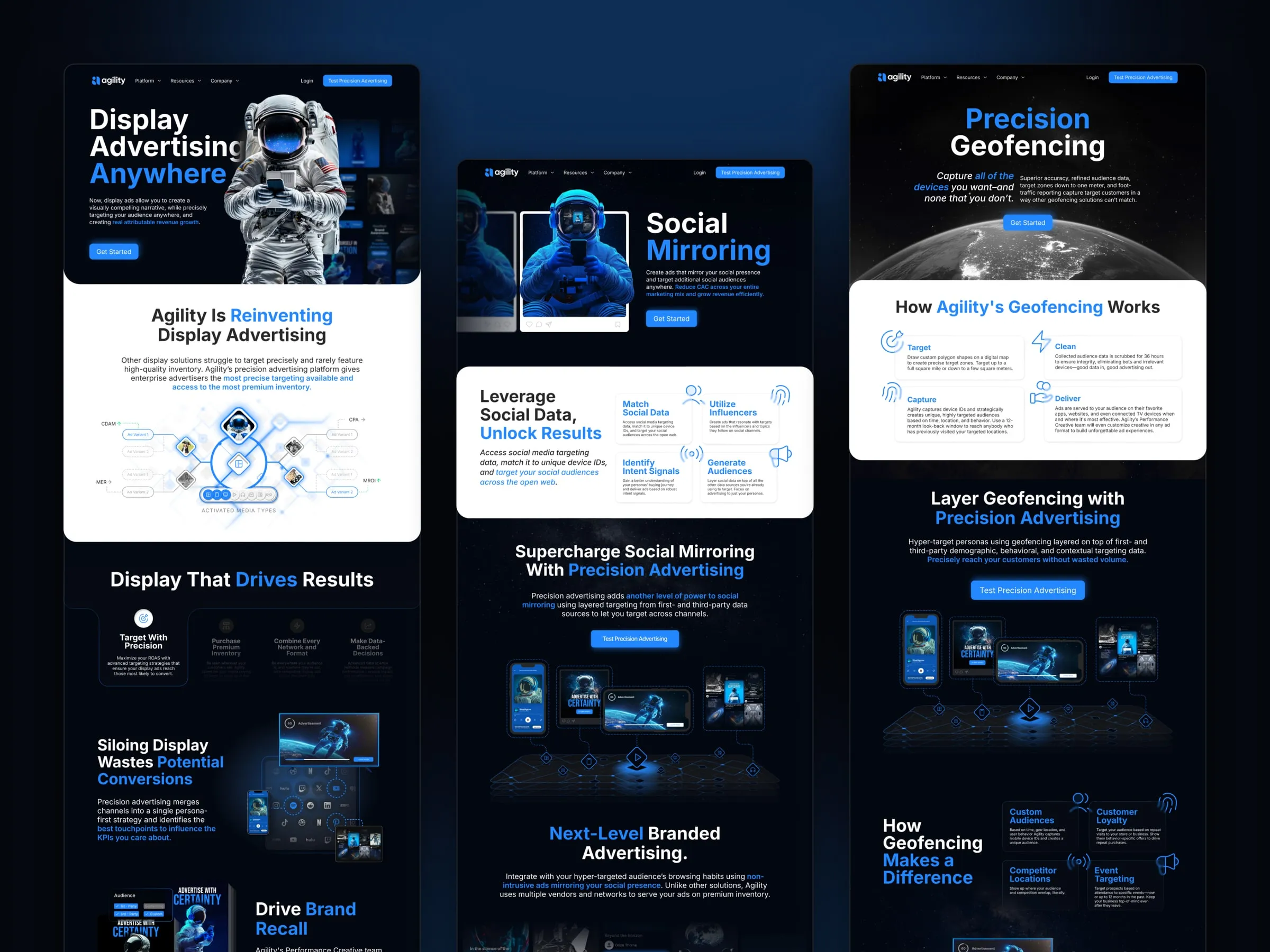 Agility display, social mirroring and geofencing solution pages