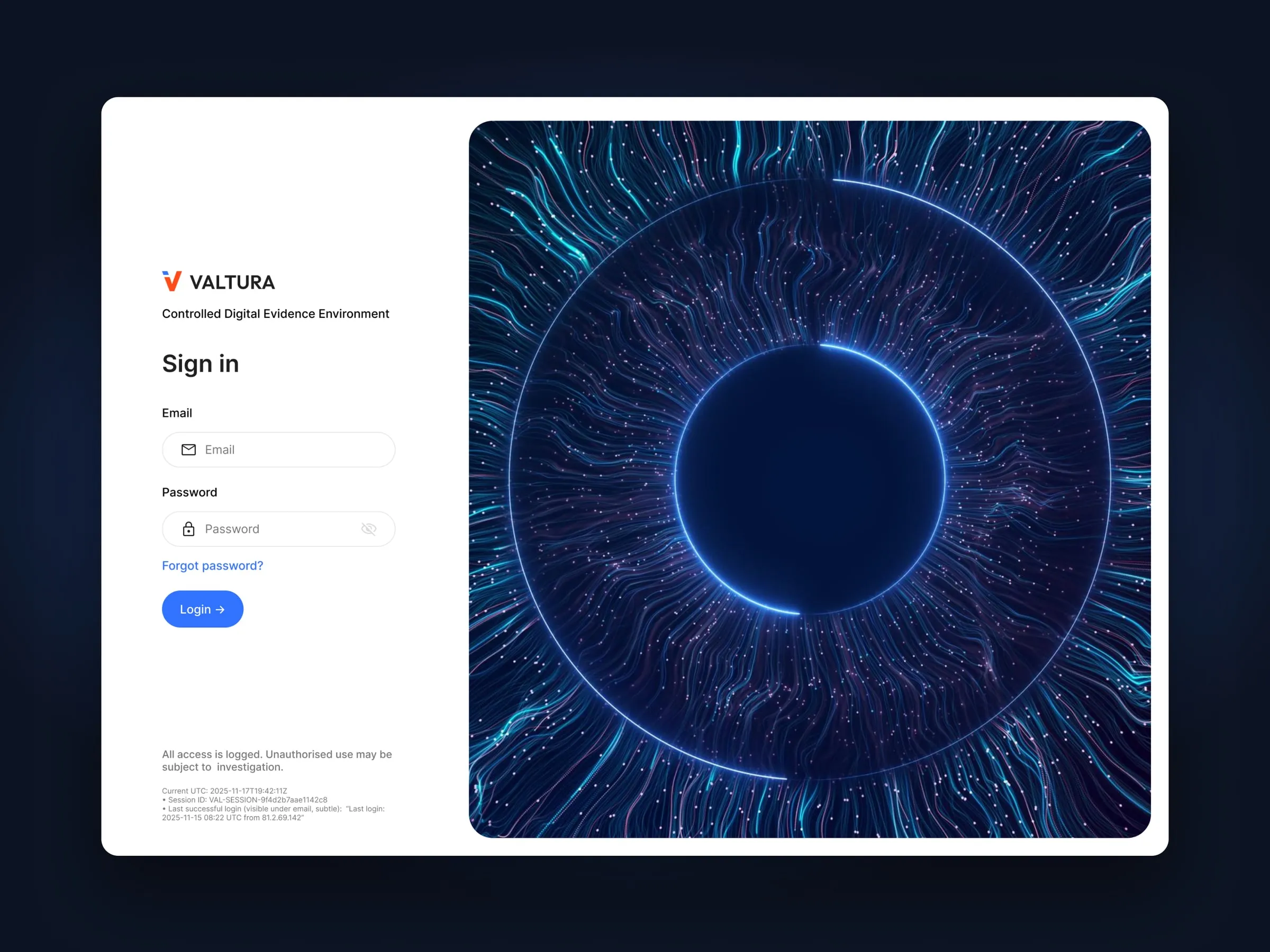 Valtura sign-in screen with a digital eye illustration