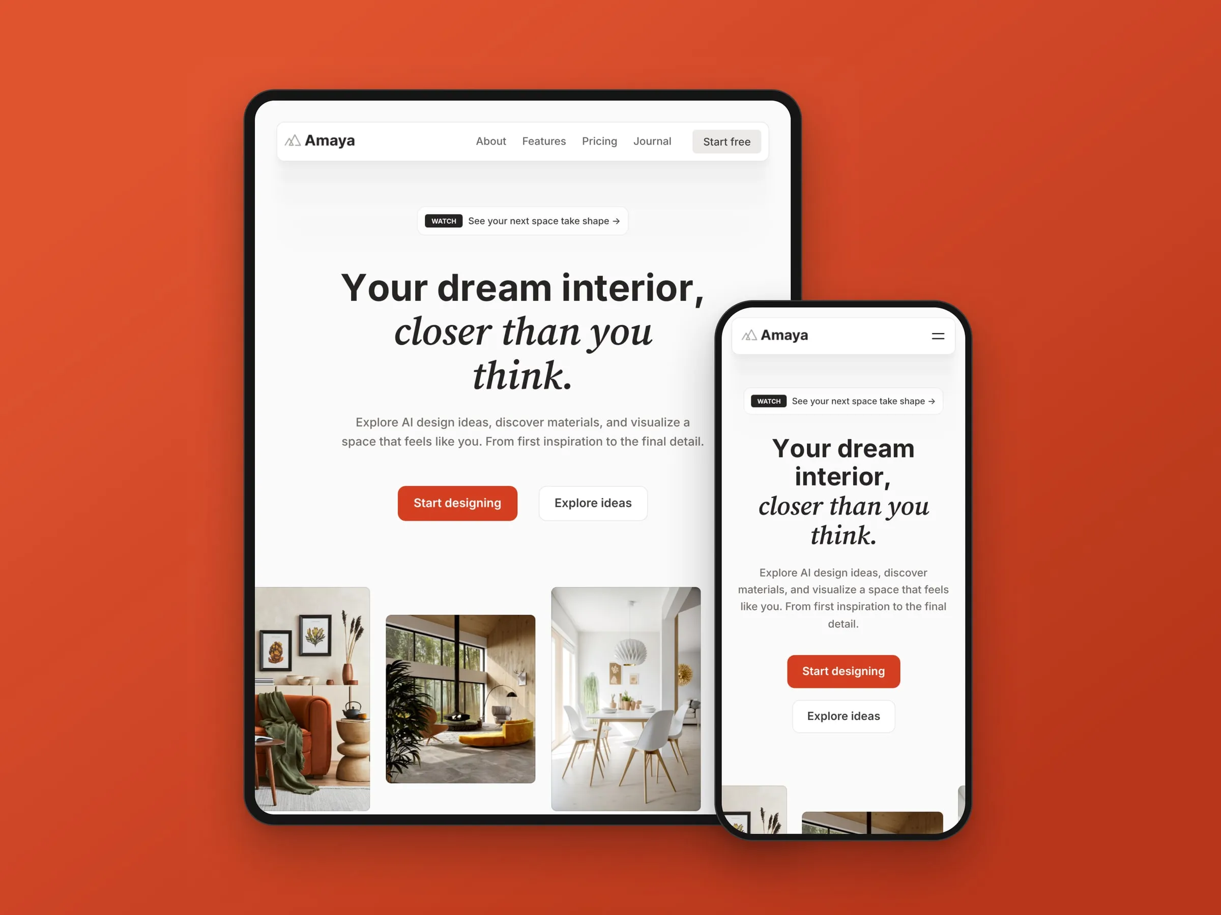 Amaya homepage on tablet and mobile