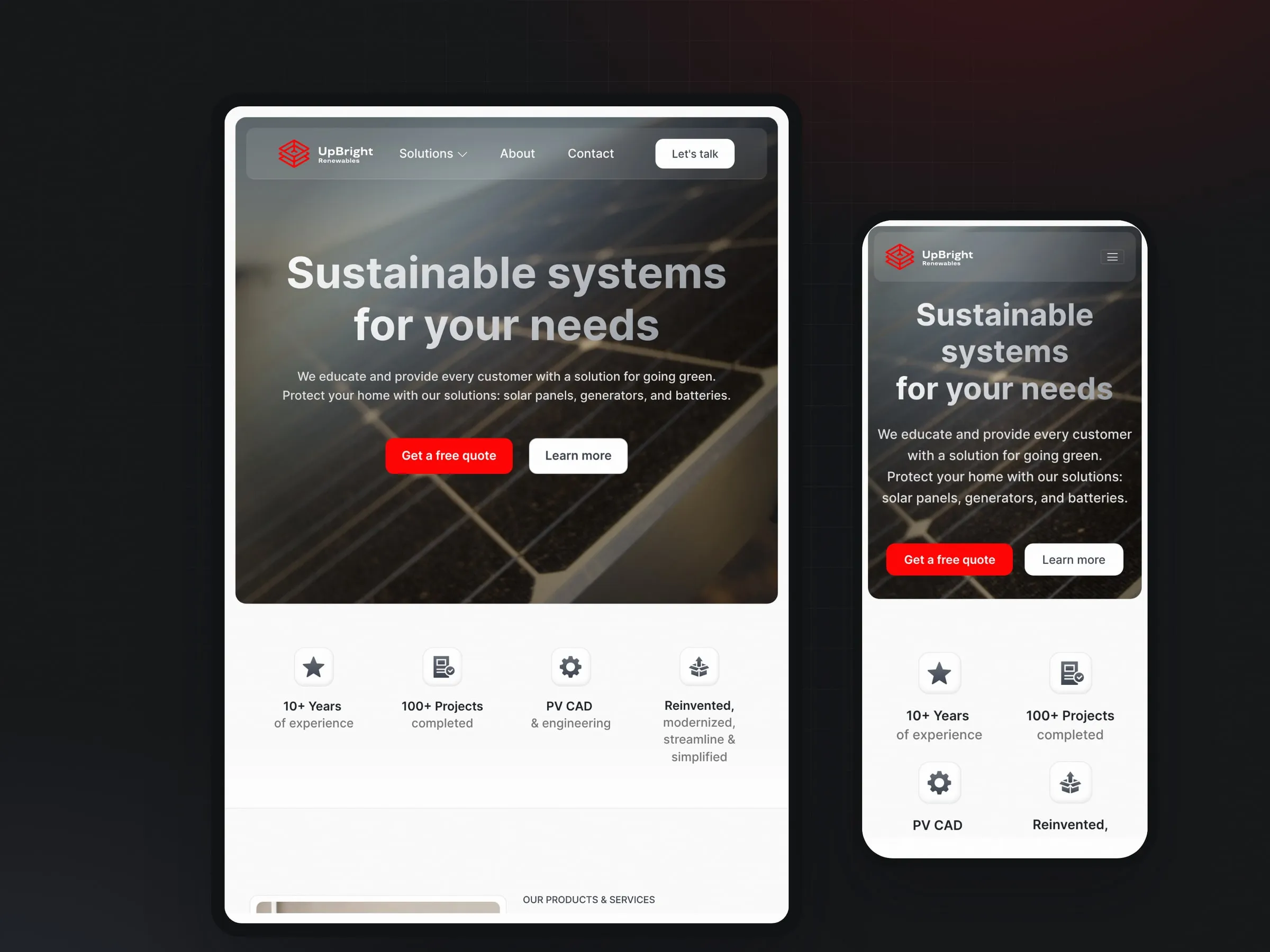 UpBright Renewables homepage on tablet and mobile
