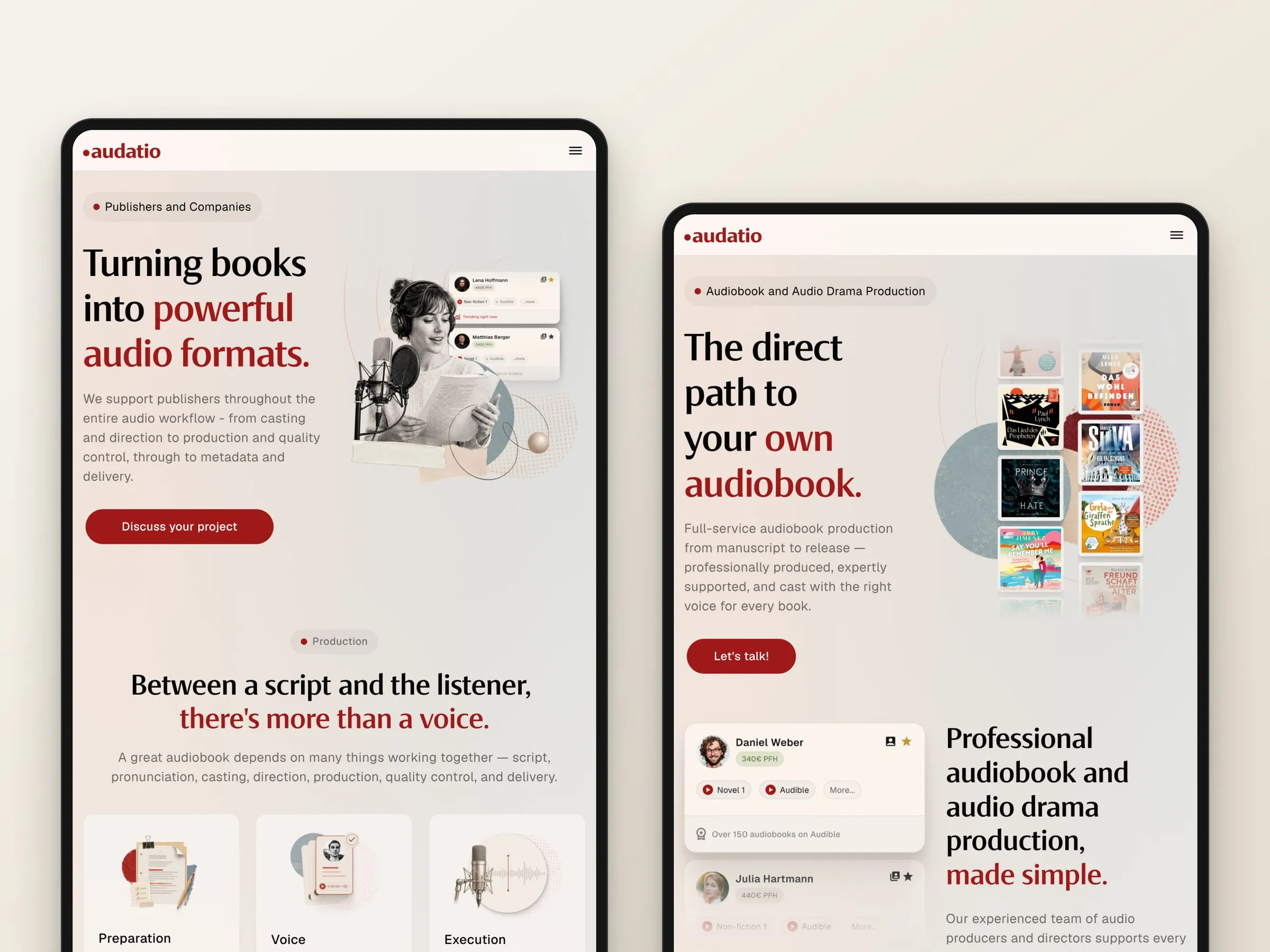 Audatio solution pages on tablet