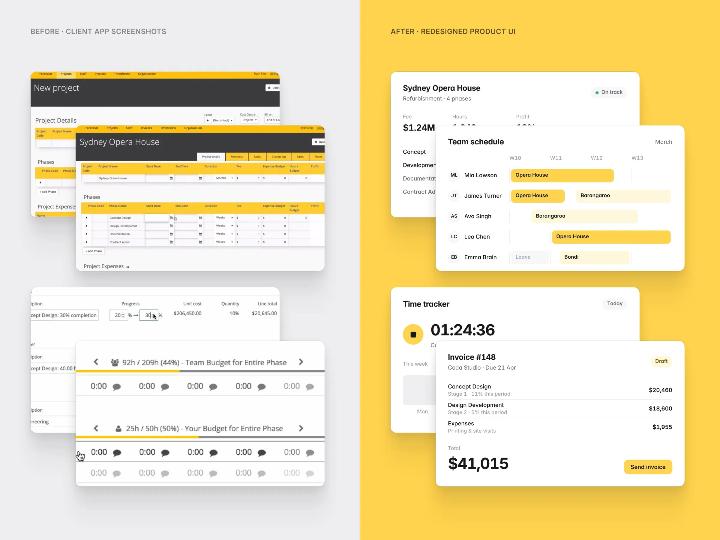 Coincraft product UI before, as app screenshots, and after, redesigned as cards