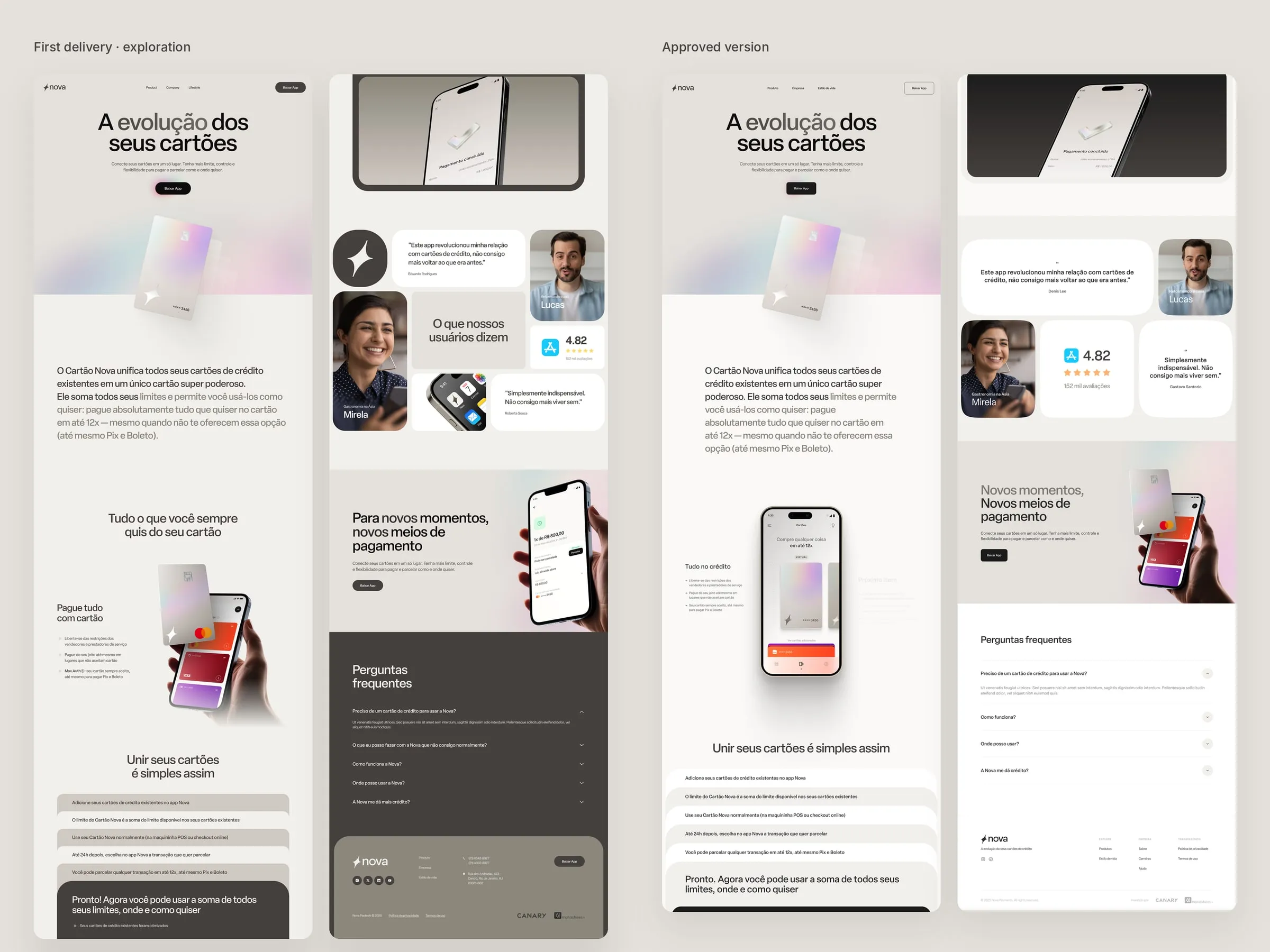 Nova homepage exploration next to the approved version