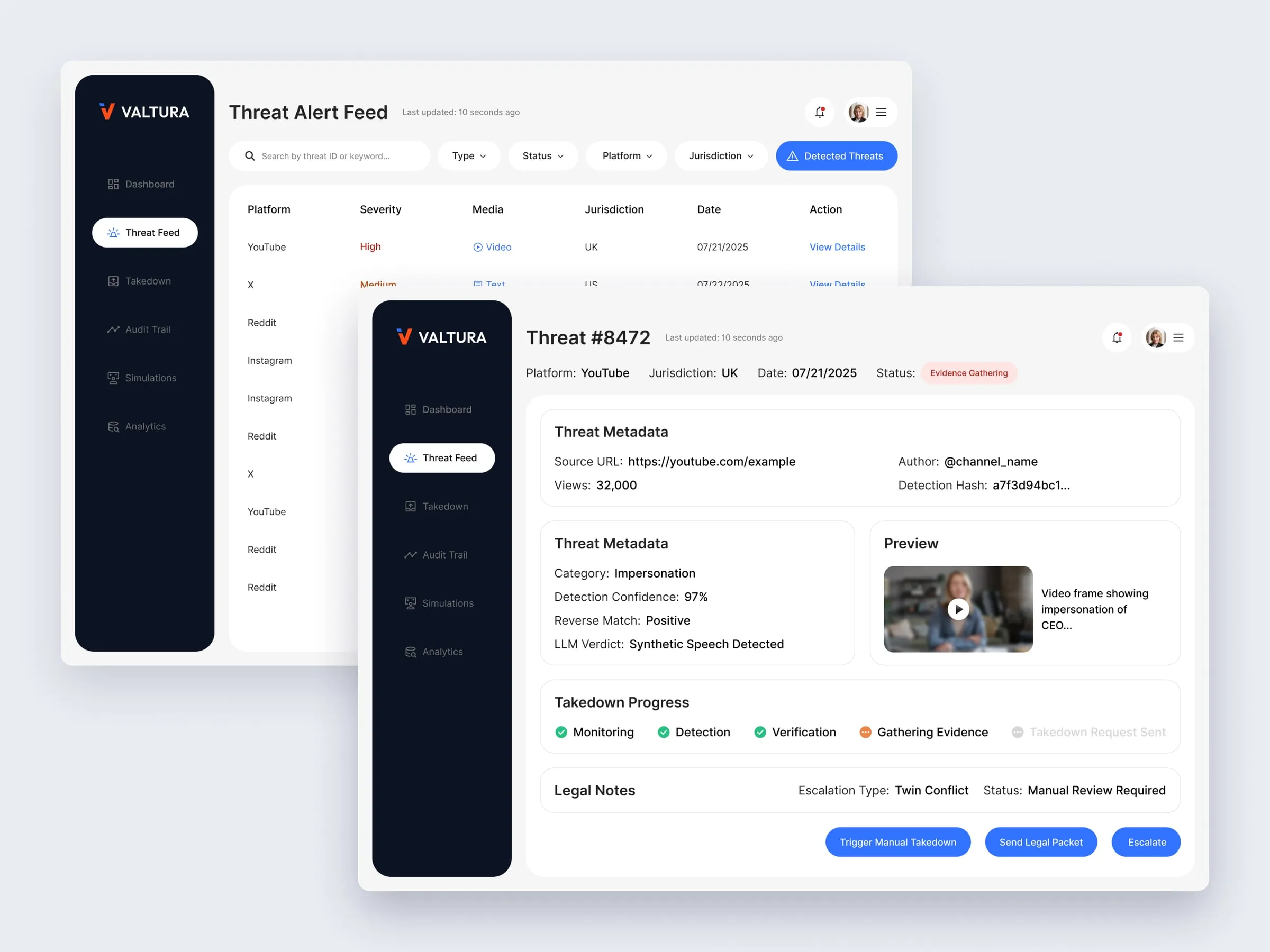 Valtura threat alert feed and threat detail screens