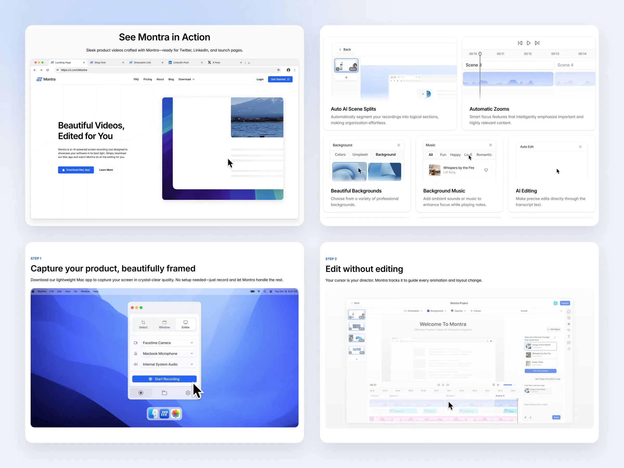 Details from Montra's final product site, demo tabs and feature cards